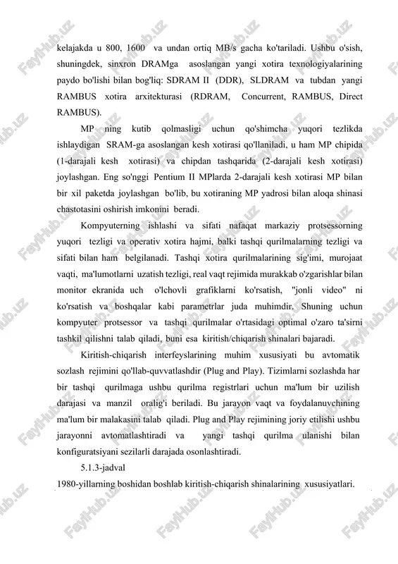 . agar so'z bitta shina taktida uzatilsa, shina o'zining imkoniyatlaridan to'liq foydalanadi. kengaytmalar uchun kompyuterda eng keng tarqalgan shinalar turlari: − isa - industry standard architecture; − eisa – extended industry standard architecture; − mca - microchannelarchitecture; − vesa - video electronics standards association; − pci - peripheral component interconnect; − pci-e – peripheral component interconnect-extended; − pcmcia - personal computer memory card industry association (pc-bus); − agp – accelerated graphics port − scsi – small computer systems interface. birinchi kompyuter shinalaridan biri ibm pc/xt tizim shinasi bo'lib, u 8 bitli ma'lumotlarni taqdim etdi. bundan tashqari, ushbu shinada 20 ta manzil satri mavjud bo'lib, ular manzil maydonini 1 mb chegarasiga cheklab qo'ygan. tashqi qurilmalar bilan ishlash uchun ushbu shina shuningdek, 4 qator apparat uzilishlari (irq) va to'g'ridan-to'g'ri xotiraga kirish (dma) uchun tashqi qurilmalar talablari uchun 4 qatorni taqdim etdi. bunday holda, tizim shinasi va mikroprotsessor 4,77 mhz chastotali bitta taktli …