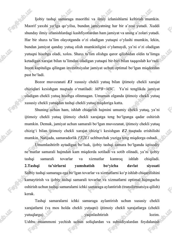 ta’sirlarni yumshatish bo‘yicha davlat siyosati salbiy tashqi samaraga ega bo‘lgan tovarlar va xizmatlarni ko‘p ishlab chiqarilishini kamaytirish va ijobiy tashqi samarali tovarlar va xizmatlarni optimal hajmgacha oshirish uchun tashqi samaralarni ichki samaraga aylantirish (transformatsiya qilish) kerak. tashqi samaralarni ichki samaraga aylantirish uchun xususiy chekli xarajatlarni (va mos holda chekli yutuqni) ijtimoiy chekli xarajatlarga (chekli yutuqlarga) yaqinlashtirish lozim. ushbu muammoni yechish uchun soliqlardan va subsidiyalardan foydalanish a.s.pigu tomonidan taklif qilingan. tartiblashtiradigan soliq - bu salbiy tashqi samaraga ega bo‘lgan iqtisodiy ne’matlarni ishlab chiqarishga qo‘yiladigan va xususiy chekli xarajatni ijtimoiy chekli xarajatgacha ko‘taradigan soliq. demak, yuqoridagi misolda soliq tashqi chekli xarajatga teng bo‘lsa, ya’ni bo‘lsa, bozor muvozanatini samarali muvozanatga yaqinlashtiradi: . tartiblashtiruvchi subsidiya - bu ijobiy tashqi samaraga ega bo‘lgan iqtisodiy ne’matlarni ishlab chiqaruvchilarga va iste’mol qiluvchilarga beriladigan subsidiya bo‘lib, u xususiy chekli yutuqni ijtimoiy chekli yutuqqa yaqinlashtiradi. agar tashqi chekli yutuqqa teng bo‘lgan subsidiya talabalarga yoki ilmiy xodimlarga berilganda edi, u …