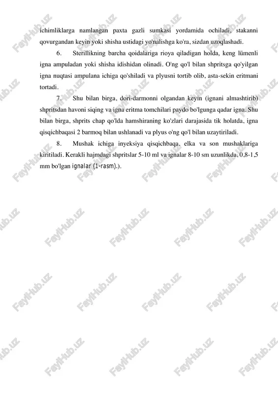 kiritish bilan og'riqli infiltrat paydo bo'lishi mumkin, ayniqsa, bu isitilmaydigan yog' eritmalari, masalan, kofur eritmasi aok qilinganda paydo bo'ladi. teri ostiga in'ektsiya qilish hamshira manipulyatsiyani quyidagicha amalga oshiradi: 1. inyeksiyani amalga oshirish uchun qo'lingizni yaxshilab yuvish kerak. 2. preparat moddasining nomini ampulada va flakonda retsept bilan tekshiring. dori vositalaring yaroqlilik muddatini, flakon yoki ampulaning yaxlitligini, qabul qilinmaydigan cho'kindi borligini va eritmaning rangi o'zgarishini tekshiring. 3. shprits ignaga tegmasdan yig'iladi. ignaning eshiklarini 2 ni chap qo'lning barmog'i bilan ushlab, tekshiring. 4. shisha idishning qopqog'i va ampulaning buzilgan joyi spirtli ichimliklar bilan oldindan davolash kerak. ampulaning tor qismi spirtli ichimliklarga namlangan paxta gazli sumkasi yordamida ochiladi, stakanni to'ldirgandan keyin yoki stakanga sizdan uzoqroq harakat bilan ko'rsatiladi. 5. agar kerak bo'lsa, shishani cho'kindi eriguncha silkiting. 6. sterillikning barcha qoidalariga rioya qiladigan holda, keng lümenli igna ampuladan yoki shisha idishidan olinadi. o'ng qo'l bilan shpritsga qo'yilgan igna nuqtasi ampulana ichiga qo'shiladi va plyusni tortib …