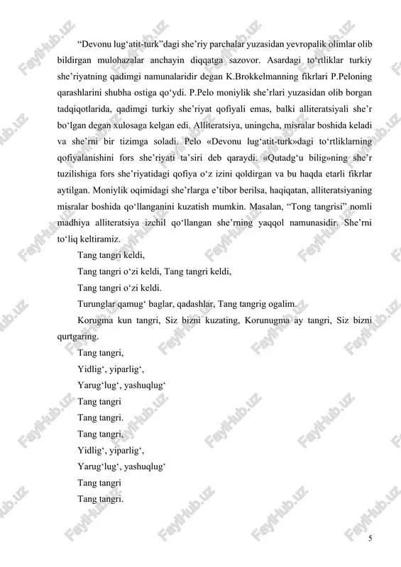 bu she’rda “devonu lug‘atit-turk”dagi singari qofiya qo‘llanmagani uchun hijolar tengligi yo‘q. alliteratsiyali she’rda hijolar tengligi bo‘lishi shart emas. ritm va ohang alliteratsiya bilan birga takror orqali ham yuzaga kelaveradi. moniylik she’rlarini kuzatsak, alliteratsiya usuli she’riyatning muhim xususiyati bo‘lganini ko‘ramiz. “bizing tangrimiz adgusi radni tiyur”, aprinchur tiginning boshlanishi o‘chib ketgan she’ri, “o‘lim tasviri”, “moniyga atalgan madhiya” alliteratsiyali she’r qadimgi turkiy she’riyatning tuzilishida asosiy omil ekanini ko‘rsatadi. “devon”dagi she’rlar haqida quyidagi xulosalarga kelish mumkin: 1. mahmud koshg‘ariyning “devonu lug‘atit-turk” asaridagi she’rlar ham xalq og‘zaki ijodiga, ham individual she’riyatga mansub. 1. matnlar islomdan oldingi davrga mansub, ammo musulmonlikning ta’siri ham seziladi. bunday talqindan so‘ng yana quyidagicha savol kelib chiqadi: agar “devon”dagi she’rlar ham xalq og‘zaki ijodiga, ham individual she’riyatga mansub bo‘lsa, qaysi tamoyillarga ko‘ra ularni farqlash mumkin? “devon”dagi hamma she’rlar sillabik she’r deb qabul qilingan, ya’ni folklor va adabiy parchalar metrikasi bir xil. hamma she’rlar qofiyalangan. [5] demak, she’rning tovush tuzilishi folklor va …