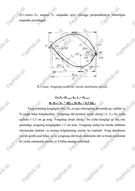 og`ozni o`rtasidan vertical chiziq o`tkaziladi. vertikal chiziq boshidagi nuqtani o nuqtasi bilan belgilaymiz. 1. yeng uzunligi aniqlanadi. o nuqtasidan vertical chiziq bo`ylab pastga yeng uzunligiga teng o`lcham 60 sm.ni o`lchab u harfi bilan belgilaymiz. ou = qla = 60 sm. 2. yeng boshi balandligi aniqlanadi. o nuqtadan vertical chiziq bo`ylab pastga old va ort bo`lak yeng o`mizlari uzunligiga kamida 4,5 sm. qo`shib uni 3 ga bo`lamiz va natijani o`lchab o1 nuqta bilan belgilaymiz. oo1=sm. o1 nuqtasidan o`ng va chap tomonga ixtiyoriy chiziqlar tortamiz. 3. yeng kengligi. yeng kengligini aniqlash uchun qo`l aylanasi o`lchamiga to`kislik uchun kamida 6 sm. qo`shib o`lchab o2 va o3 nuqtalarni aniqlaymiz. bu nuqtalarni teng ikkiga bo`lib o1 nuqtaning o`ng va chap tomonlariga o`lchab qo`yamiz. o2o3 = qla + 6 = 29 + 6 = 35 sm. o2o1 = o1o3 = o2o3 : 2 = 35 : 2 = 17,5 sm 4. yeng uchi lengligi aniqlanadi. pidjak …