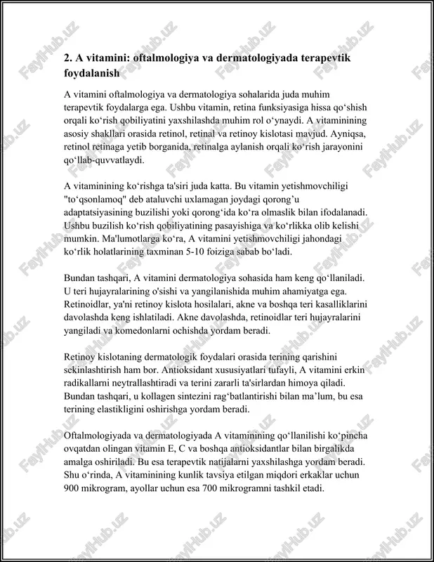 hkamligini ta'minlaydi. metabolik suyak kasalliklarida ham d vitamini muhim ahamiyat kasb etadi. bu kasalliklar ichida eng ko‘p uchraydiganlaridan biri osteomalasiya bo‘lib, bu kasallik asosan kattalarga ta'sir qiluvchi d vitamini yetishmasligi bilan bog'liq kasallikdir. osteomalasiyada suyaklar yumshaydi va bu holat suyak tuzilmalarining norma bo‘lmagan shakllanishiga olib keladi. d vitamini va kaltsiy qo‘shimchalari bu kasallikning davosi sifatida ishlatiladi. d vitamini yetishmasligining oldini olish uchun quyidagi tavsiyalar mavjud: 1. quyosh nuri ostida yetarli vaqt o‘tkazish: insonlar har kuni taxminan 10-30 daqiqa davomida quyosh nurida bo‘lishlari lozim. ammo, bu vaqt mintaqa iqlimi va shaxsning teri rangi kabi omillarga bog‘liq bo‘ladi. 2. d vitaminiga boy ovqatlar iste’mol qilish: baliq yog'i, tuxum sarig'i, jigarda yuqori miqdorda d vitamini mavjud. shuningdek, sut va boshqa mahsulotlar ham d vitaminiga boyrtirilgan bo‘lishi mumkin. 3. d vitamini qo‘shimchalari: maxsus qo‘shimchalar ko‘pincha tavsiya etiladi, ayniqsa keksalar, quyosh nuriga kam chiqa oladiganlar va d vitamini bilan boy mahsulotlarni iste’mol qilmaydiganlar uchun. har …