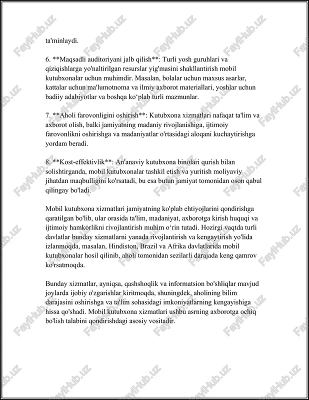 g hajmi 18,13 milliard aqsh dollarini tashkil etgan. bu raqamlarning har yili o'sib borishi kutilmoqda, chunki ko'proq odamlar raqamli kutubxonalardan foydalanmoqda. 3. o'zbekistondagi raqamli kutubxonalar: o'zbekistonda 2021 yilda "ziyonet" axborot resursi tizimi mavjud bo'lib, bu tizimda 500 000 dan ortiq elektron resurslar mavjud. bular orasida darsliklar, ilmiy maqolalar va multimedia materiallari kiradi. 4. mobil ilovalar: raqamli kutubxonalar va elektron resurslarga kirish imkoniyatini taklif etuvchi ko'plab mobil ilovalar mavjud. masalan, google books va amazon kindle kabi platformalar millionlab elektron kitoblarni xorijiy tillarda taqdim etadi. 5. onlayn jurnallar va maqolalar bazalari: resurslar orasida jstor, ebsco va sciencedirect kabi onlayn platformalarda minglab ilmiy maqolalar mavjud. ushbu bazalar oliy ta'lim muassasalari va ilmiy tadqiqotchilar uchun muhim manba hisoblanadi. 6. o'qish imkoniyatlari: 2020-yilgi ma'lumotlarga ko'ra, dunyo bo'ylab internetga kirish imkoniyatiga ega bo'lgan aholining 90 foizi hech bo'lmasa bir marta raqamli harflar (e-books) formatidagi kitobni o'qigan. bu raqamlar raqamli resurslarga bo'lgan qiziqishni ko'rsatadi. 7. o'zbekiston milliy …