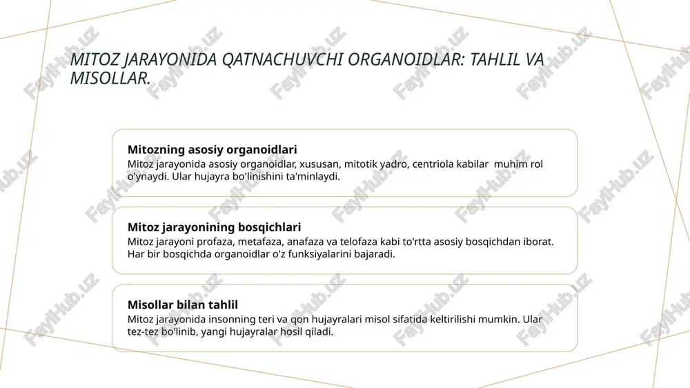 va jarayonlar. amitoz boʻlinish – hujayralarning oddiy va tez bo‘linish usuli bo‘lib, u asosan juda oddiy tuzilishga ega hujayralarda uchraydi. bu jarayonda hujayra to‘g‘ridan-to‘g‘ri ikkiga bo‘linadi, genetik material esa o‘zgarmaydi. amitoz, odatda, ko‘p hujayralarda kamroq uchraydi va asosan ba'zi mikroorganizmlarda va ba'zi to'qimalarda kuzatiladi. amitoz jarayonining boshqa boʻlinish turlaridan farqi. amitoz haqida umumiy ma'lumot amitoz — hujayra bo'linishining oddiy shakli bo'lib, u mitoz va meyozdan farq qiladi. bu jarayonda hujayra to'liq bo'linmasdan, faqat yadro bo'linadi. mitoz va meyozdan farqi mitoz va meyozda hujayra to'liq bo'linadi, natijada ikki yoki to'rtta yangi hujayra hosil bo'ladi. amitozda esa, bir hujayra bir marta bo'linadi. biologik ahamiyati amitoz ko'pincha oddiy organizmlarda, masalan, bakteriyalar va ba'zi ko'p hujayrali organizmlarda uchraydi. bu tez ko'payish imkonini beradi. qanday organizmlar? ba'zi organizmlar, masalan, ba'zi qo'ziqorinlar va amebalar, amitoz jarayoni orqali ko'payadi. bu usul, ularning yashash sharoitlariga mos keladi. amitoz: qanday organizmlar bu jarayon orqali koʻpayadi? o'simliklar amitoz jarayoni o'simliklar, …