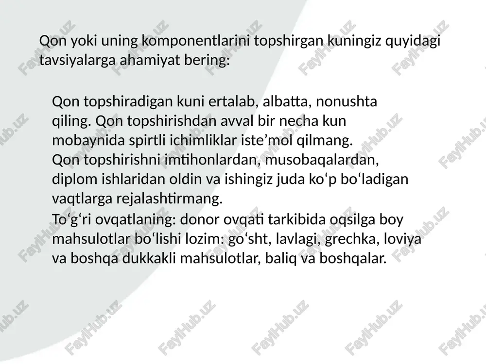 a, o‘zbekistonda bu ko‘rsatkich 2021-yilda har ming aholiga 6,8 nafar yoki 0,68 foizni tashkil etgan. ko‘rinib turibdiki, mamlakatdagi donorlik darajasi me’yorida emas. e'tiboringiz uchun rahmat! image1.png image2.jpeg image3.jpeg image4.jpeg image5.jpeg donor ry @ aad quaidioey