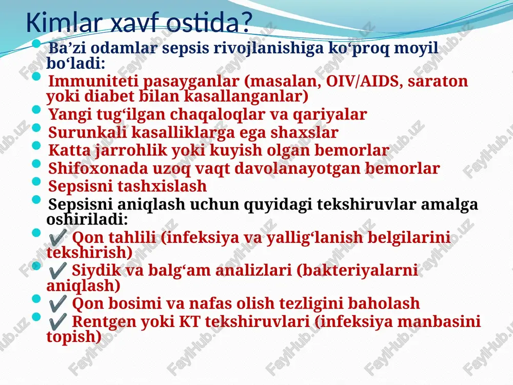 ivojlanadi. ✅ eng keng tarqalgan shakllardan biri. 3.2. urogenital (siydik yo‘llari) sepsis ✅ pielonefrit, sistit yoki prostata infeksiyalaridan kelib chiqadi. ✅ keksalar va ayollarda ko‘proq uchraydi. 3. abdominal (qorin bo‘shlig‘i) sepsis ✅ ichak infeksiyalari, appenditsit yoki peritonit sababli yuzaga keladi. ✅ qorin bo‘shlig‘idagi jarrohlik operatsiyalaridan keyin rivojlanishi mumkin. neyrosepsis (bosh miya sepsisi) ✅ menengit yoki ensefalit natijasida paydo bo‘ladi. ✅ ongning buzilishi bilan kechadi. 3.5. kardiogen sepsis (yurak-qon tomir tizimi sepsisi) ✅ endokardit yoki yurak klapanlarining infeksiyasi sababli rivojlanadi. xavfli shakllari gemorragik sepsis ✅ qon tomirlarining shikastlanishi va ichki qon ketishlar bilan kechadi. ✅ dengue yoki ebolaga o‘xshash virusli infeksiyalarda uchrashi mumkin. neonatal sepsis (chaqaloqlar sepsisi) ✅ yangi tug‘ilgan chaqaloqlarda infeksiya sabab rivojlanadi. ✅ ko‘pincha tug‘ruq jarayonidagi infeksiyalar bilan bog‘liq. nosokomial (shifoxona ichida yuqadigan) sepsis ✅ shifoxonada yotgan bemorlarda antibiotiklarga chidamli bakteriyalar sabab rivojlanadi. ✅ kasalxona mikroblari ko‘pincha juda xavfli bo‘ladi. xulosa sepsis – jiddiy va xavfli holat bo‘lib, o‘z …
