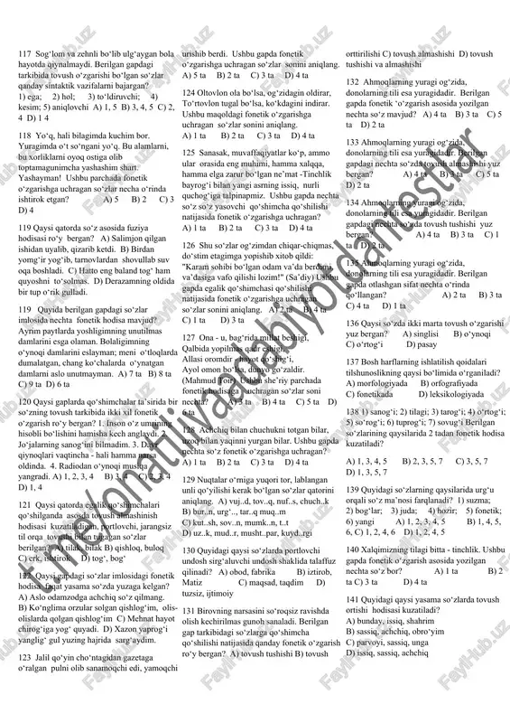 r, kaltakni yetim yer. 40 qaysi unli(lar)ni talaffuz qilganda og‘iz ozgina ochilib, tilning o‘rtasi yuqori tanglayga qarab ko‘tariladi? a) i, a b) i, o‘ c) i, u d) u, o‘ 41 urg‘u yordamida ma’nosi farqlanadigan so‘zlar qatorini toping. a) a) sizsiz, tort, asil b) toshma, toza, yangi c) burun, yuz, qo‘y d) fizik, eslatma, tok 42 bir mahal bola yig‘ladimi yo tashqarida shamolning guvullashi orasida dahshatli bir faryod qulog‘iga kirdimi, anglay olmay qoldi. ushbu gapdagi fonetik o‘zgarishlarning turini ko‘rsating. a) bitta tovush tushishi, uchta tovush almashinishi b) bitta tovush tushishi, ikkita tovush almashinishi c) uchta tovush almashinishi d) bitta tovush orttirilishi, ikkita tovush almashinishi 43 berilgan gapdagi lug‘aviy shakl yasovchi qo‘shimchalarda portlovchi undoshlar soni nechta? yoqimli yoz shabadasi endigina qad ko‘tarib kelayotgan yosh nihollarni silkitardi. a) 7 ta b) 6 ta c) 8 ta d) 5 ta 44 hosil bo‘lish usuliga ko‘ra n va l undosh tovushlariga to‘g‘ri tavsif berilgan …
