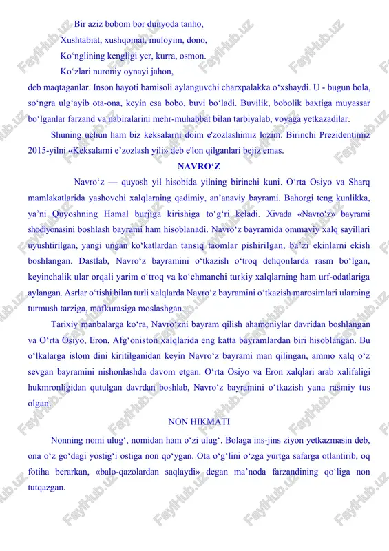 hga mushtoqlik sezadi. so‘zdek mo‘jizakor boyligimizdan to‘g‘ri, oqilona foydalanaylik. (114 so‘z. d. abdusattorova, “ezgulik”) tabiat qo‘ynida riza tepalikka chiqib borganda bir tekis ochilgan binafsha, har xil o‘t-o‘lanlar, purviqor archalar quyosh nuriga bearmon cho‘milmoqda edi. ertalabki ovga chiqqan bir tulki bu yerda bexosdan paydo bo‘lib qolgan odamdan cho‘chib, o‘zini daraxtzor ichiga urdi. mana, ochiq joy tugab, archazor boshlandi. riza archazorga sho‘ng‘ib, narigi betidan chiqdi. ikki hatlab, qiyalikda turgan kattakon xarsangga yetdi. xarsang silliq edi. riza xarsang ustiga o‘tirib, atrofni tomosha qila boshladi. uning oldiginasidan boshlanuvchi jilg‘a kengaya-kengaya oqsoqota soyiga borib tutashadi. hu ana, tubanda shamolda hilpirab turgan oq lentaday oqsoqota soyi oqmoqda. xarsangning tagidan tip-tiniq buloq viqir-viqir qaynab chiqmoqda. buloq tubidagi oq, qizil, ko‘k, turli-tuman mayda toshlarning rangi suvga urib, jimir-jimir tovlanadi. (111 ta so‘z) maktabki jon, ilm-u havo-yu odob erur . . . maktab, bolalik, o‘quvchilik onlari . . . bular qanday totli, ma’noli, yoqimli va unutilmas kunlar . . …