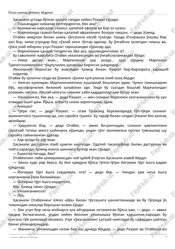 irdingiz, bek. homid tag'in so'radi. · uylanganmisiz? · yo'q. hasanali otabekning yolg'iz «yo'q» bilan to'xtashiga qanoatlanmadi va bu to'g'rida o'z tomonidan izohlar berishni lozim ko'rdi: · bek uchun bir necha joylarga qiz aytdirmak istalingan bo'lsa ham, — dedi, — avval taqdir bitmaganlik, undan keyin bekning uylanishka bo'lg'an qarshiliq-laridan bu kungacha to'y qilolmay kelamiz. ulug' xo'ja-mizning qat'iy niyatlari bu safardan qaytg'ach bekni uylandirishdir. · manimcha, uylanishdek nozik bir ish dunyoda yo'qdir, — dedi rahmat va otabekka yuz o'girdi. — uylangach, xotining tab'ingga muvofiq kelsa bu juda yaxshi; yo'qsa, munchalik og'ir gap dunyoda bo'lmas. otabek rahmatning bu so'zini samimiyat bilan qarshiladi. · so'zingizning to'g'rilig'ida shubha yo'q, — dedi,— ammo shuni ham qo'shmoq kerakki, oladirg'on xotiningiz sizga muvofiq bo'lishi barobarida er ham xo-ting'a muvofiquttab' bo'lsin. · xoting'a muvofiq bo'lish va bo'lmasliqni uncha keragi yo'q, — dedi homid e'tirozlanib, — xotinlarga «er» degan ismning o'zi kifoya... ammo jiyan aytkandek, xotin degan erga muvofiq bo'lsa …