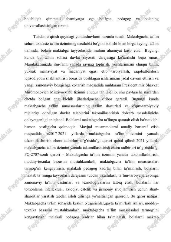 vazirlar mahkamasining 2019 yil 24 dekabrdagi “nodavlat ta’lim tashkilotlari faoliyatini takomillashtirish chora-tadbirlari to‘g‘risida”gi 1028-son qarori, o'zbekiston respublikasi vazirlar mahkamasining 2017 yil 28-dekabrdagi “pedagog xodimlarni qayta tayyorlash va ularning malakasini oshirishni tashkil etish chora-tadbirlari to'g'risida”gi 1026-son qarori, o'zbekiston respublikasi vazirlar mahkamasining 2019 yil 13 maydagi “maktabgacha ta'lim tashkilotlari faoliyatini yanada takomillashtirish chora-tadbirlari to'g'risida”gi 391-son qarori, maktabgacha ta'lim vazirining 2020 yil 26 oktyabrdagi “maktabgacha ta'lim xodimlari asosiy lavozimlarining malaka tavsiflarini tasdiqlash to'g'risida”gi 173-sonli buyrug'i ijrosini ta'minlash maqsadida ushbu o'quv dastur ishlab chiqilgan. shuningdek, pedagog kadrlarini qayta tayyorlash va malakasini oshirish mazmuni, sifati va ularning tayyorgarligiga qo'yiladigan davlat talablari asosida oilaviy nodavlat maktabgacha taʼlim tashkiloti hamda davlat-xususiy sheriklik asosida tashkil etilgan nodavlat maktabgacha ta’lim tashkilotlari pedagoglarini malakasini oshirish jarayonlarining mazmunini takomillashtirish va ularning kasbiy kompetentligini muntazam oshirib borishni taqozo etadi. hududlarda maktabgacha taʼlim xizmatlarini kengaytirish boʻyicha “yoʻl xaritasi”ning 18-bandining ijrosini ta’minlash maqsadida “maktabgacha ta’lim tashkilotlarida ta’lim-tarbiya jarayonini tashkil etish” mavzusida seminar dasturi ishlab …