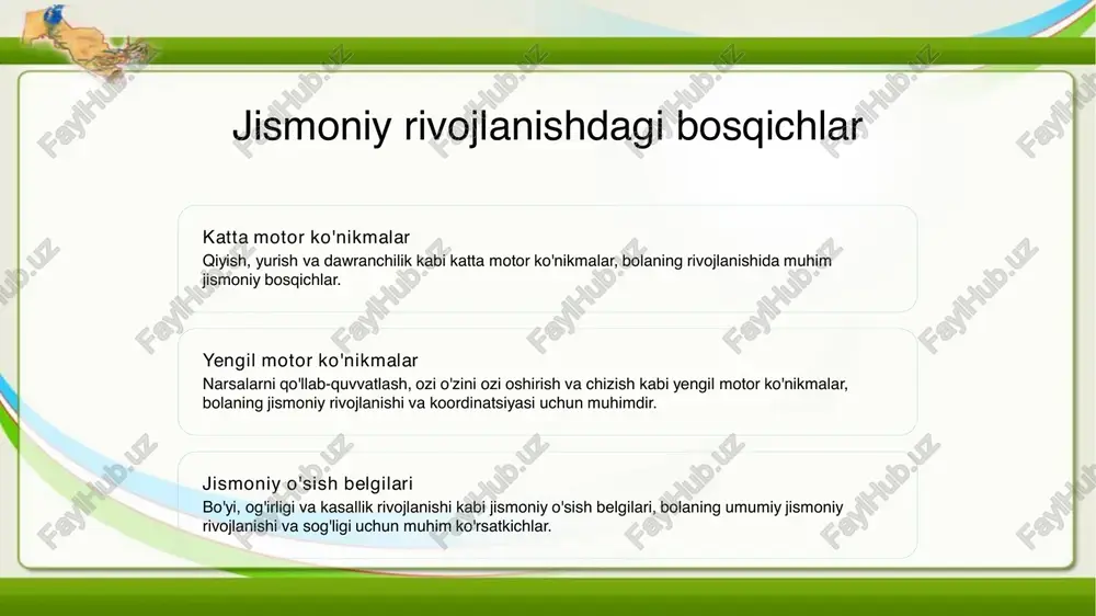 uchun qiyinchilik ko'rsatishi mumkin. kechiktirilgan jamoat va his-tuyuq rivojlanishi ko'rsatishlari, ko'z bilan aloqani qurishda, hissiyotlarni ifodalashda yoki aloqalar qurishda qiyinchilik ko'rsatishi mumkin. jismoniy rivojlanishda oziq-ovqatning o'rnini baholash jismoniy o'sish uchun zarur oziq-ovqat moddalari proteinga, kalciumga va d vitaminiga o'xshash moddalarning bolalar va o'smirlarda suyagi va kasallar rivojlanishida ahamiyati katta. yomon oziq-ovqat ta'siri jismoniy rivojlanishga oziq-ovqat moddalaridan yetarli ta'mini qilmaslik yoshlarda to'qnashuv, og'riq kuchini yo'qotish va kasallarning massasini kamaytirishga olib kelishi mumkin. sog'lom ovqatlanish qarorlari olib borish strategiyalari bolalar va yoshlarda jismoniy rivojlanishni qo'llab-quvvatlash uchun mevalar, sabzavotlar va butun bug'doylar bilan boy bog'liq ovqatlanishni rag'batlantirish muhimdir. pozitiv jismoniy tasavvurlarni va shaxsiy parvarish amaliyotlarini rag'batlantirish sog'lom ovqatlanish odatlarini va regulyar mashg'ulotlarni targ'ib qilish sog'lom ovqatlanish va yog'a yoki raqs kabi faoliyatlar yordamida pozitiv jismoniy tasavvurlarni va shaxsiy parvarish amaliyotlarini o'zi rivojlantirish uchun yoqimli ovqatlanishni va harakatlanishni rag'batlantiring. ma'naviy xotiraning ahamiyatiga diqqatni jalb qilish ma'naviy salomatlik va o'zni qabul qilish uchun ma'naviy xotira …