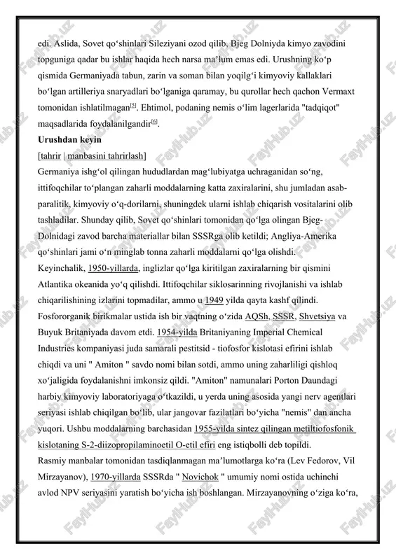 uchraganidan soʻng, ittifoqchilar toʻplangan zaharli moddalarning katta zaxiralarini, shu jumladan asab-paralitik, kimyoviy oʻq-dorilarni, shuningdek ularni ishlab chiqarish vositalarini olib tashladilar. shunday qilib, sovet qoʻshinlari tomonidan qoʻlga olingan bjeg-dolnidagi zavod barcha materiallar bilan sssrga olib ketildi; angliya-amerika qoʻshinlari jami oʻn minglab tonna zaharli moddalarni qoʻlga olishdi. keyinchalik, 1950-yillarda, inglizlar qoʻlga kiritilgan zaxiralarning bir qismini atlantika okeanida yoʻq qilishdi. ittifoqchilar siklosarinning rivojlanishi va ishlab chiqarilishining izlarini topmadilar, ammo u 1949 yilda qayta kashf qilindi. fosfororganik birikmalar ustida ish bir vaqtning oʻzida aqsh, sssr, shvetsiya va buyuk britaniyada davom etdi. 1954-yilda britaniyaning imperial chemical industries kompaniyasi juda samarali pestitsid - tiofosfor kislotasi efirini ishlab chiqdi va uni " amiton " savdo nomi bilan sotdi, ammo uning zaharliligi qishloq xoʻjaligida foydalanishni imkonsiz qildi. "amiton" namunalari porton daundagi harbiy kimyoviy laboratoriyaga oʻtkazildi, u yerda uning asosida yangi nerv agentlari seriyasi ishlab chiqilgan boʻlib, ular jangovar fazilatlari boʻyicha "nemis" dan ancha yuqori. ushbu moddalarning barchasidan 1955-yilda …