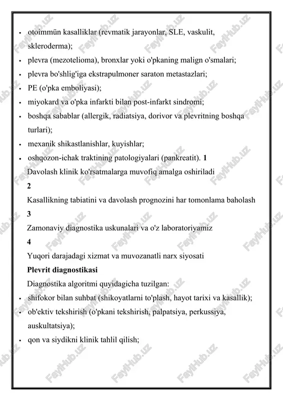 lgilaridan biri – chuqur nafas olayotganda yoki yo‘talganda paydo bo‘ladigan o‘tkir ko‘krak qafasi og‘rig‘idir. ushbu og‘riq plevraning yallig‘lanishi natijasida yuzaga keladi va odatda ma’lum bir joyda seziladi. ba’zan og‘riq yelkaga yoki qorin sohasiga ham tarqalishi mumkin. nafas olish qiyinlashishi va chuqur nafas olayotganda noqulaylik sezilishi ham plevrit belgilari qatoriga kiradi.plevritning ba’zi holatlarida plevra bo‘shlig‘ida ortiqcha suyuqlik (plevral ekssudat) yig‘ilishi mumkin, bu esa qo‘shimcha simptomlarni keltirib chiqaradi. suyuqlik yig‘ilganda bemorda hansirash, og‘irlik hissi va umumiy holsizlik kuzatiladi. agar suyuqlik ko‘p to‘plansa, u nafas olish jarayoniga sezilarli ta’sir ko‘rsatishi mumkin. plevritni tashxislash plevritni tashxislash uchun shifokor avvalo bemorning shikoyatlarini tinglaydi va jismoniy tekshiruv o‘tkazadi. shifokor stetoskop yordamida o‘pkani tinglab, maxsus ovoz o‘zgarishlarini aniqlashi mumkin. plevrit tashxisini aniq qo‘yish uchun quyidagi tekshiruvlar qo‘llaniladi: · rentgenografiya – ko‘krak qafasi rentgen tasvirlari orqali plevral suyuqlik mavjudligini aniqlash mumkin. · kompyuter tomografiya (kt) – o‘pka va plevrani yanada batafsil o‘rganish imkonini beradi. · ultratovush tekshiruvi (utt) …