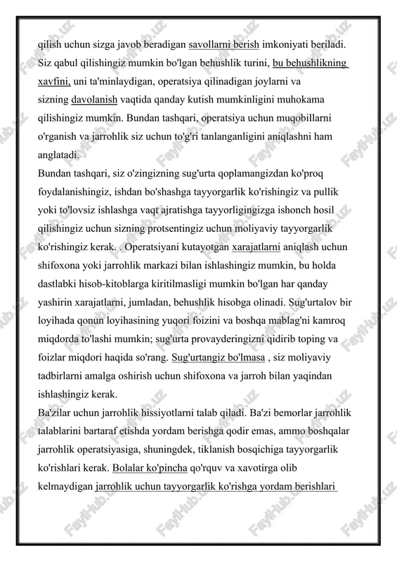 lik amaliyotiga qaytishga tayyorgarlik ko'rish kerak. bu kichik ambulatoriya tartib-qoidalariga ega bo'lgan shaxslar uchun tashvish tug'dirmaydi, biroq kasalxonaga yotqizish yoki kasalxonada bir necha kun sarflaydigan insonlar uchun bu jarayondan oldin uyda davolanishni rejalashtiradigan narsa juda oson tiklanishni anglatadi. sizning rejalashtirishingiz ehtiyojlaringiz uchun yagona bo'ladi. ba'zilar uchun bu itni chaqirishni anglatadi; olib tashlashni cheklovchi boshqa kishilar uchun bu narsalarni bajarishda yordam beradigan biror kishini topish degani; haydash chekloviga ega bo'lgan kishilarga yordam beradigan yordam kerak bo'ladi. operatsiya bosqichi: jarrohlik vaqtida jarrohlikning bu qismi behushlik va amaliyotga bog'liq. bu bosqich siz operatsiya xonasiga kirganingizda va protsedura tugagach tugatilganda va behushlik to'xtaganda boshlanadi. zarur bo'lgan parvarish bilan shug'ullanadigan mutaxassis va sizning noyob ehtiyojlaringizni tushunadigan behushlik ta'minotini ko'rsatuvchi jarroh sizning amaliyotingizni bajarganda rejalashtirishingiz operativ bosqichda to'lanadi. postoperatif o'zgarishlar: jarrohlikdan keyin ushbu bosqich sizning amaliyotingiz tugashi bilan boshlanadi. siz jarrohlik amaliyotidan qutuladigan joyning maydoniga ko'chasiz, bu erda amaliyotlar bajarilganligini bilish uchun ko'pchilik hayron qoladi. ushbu …