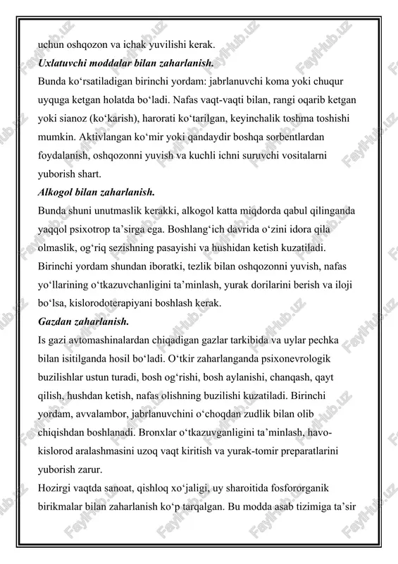avom ettirishga qarshilik qilmaydigan ko‘rsatma hisoblanadi (ishqoriy eritmalarni ishlatish man etiladi). bo‘g‘ilish – o‘pkaga havo o‘tishi uchun to‘siqlar bo‘lganda kelib chiqadi. u yuqori nafas yo‘llariga yot jismlarning tushishi, shikastlanishi yoki ovoz boylamlarining tirishuvchi spazmlari bilan asoslanishi mumkin. nafas siqishida birinchi yordam berilganda, avvalo, toza havoning o‘tishi uchun qulay sharoit yaratishga harakat qilish, keyin jabrlanuvchini jonlantirish chora-tadbirlarini boshlash kerak. o‘tkir allergik reaksiyalar. barcha dori-darmonlar (antibiotiklar, zardob va vaksinalar) hamda muayyan meva mahsulotlari allergik xususiyatga ega bo‘ladilar: tuxum, shokolad, asal, qulupnay, sitrus mevalar. allergik reaksiyaning og‘irligi sensibilizatsiya darajasi bilan belgilanadi. anafilaktik shok allergik reaksiyalar to‘plami hisoblanib, juda og‘ir darajada kechadi. anafilaktik shokning doimiy belgilaridan bo‘lib, o‘tkir tomir yetishmovchiligi, qon bosimining keskin tushishi bilan, yuzning oqarishi yoki giperemiyasi, sianoz, kuchli terlash, puls ipsimonligi hisoblanadi. yurak ritmi chastotasi va to‘g‘riligi buziladi. o‘pka shishi rivojlanishi mumkin va qo‘ng‘iroqsimon nafas paydo bo‘lishi, ko‘p miqdorda ko‘pikli balg‘am ajralishi, o‘pkaning barcha yuzasi bo‘yicha xirillashlar, bronxospazm paydo bo‘lishi kuzatiladi. …