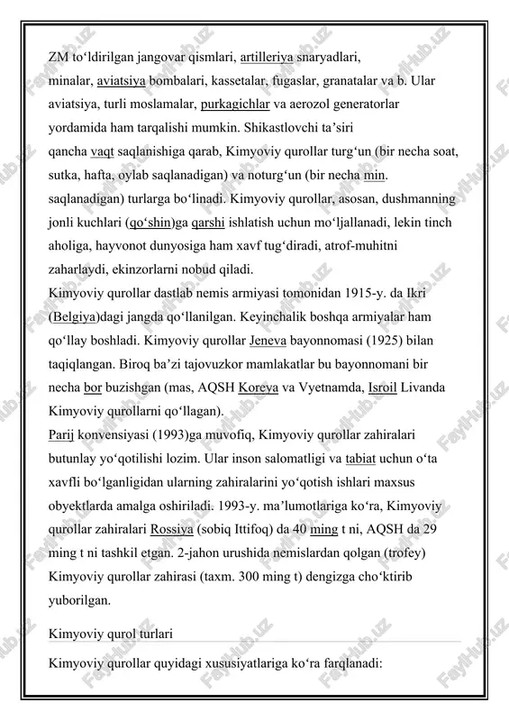 vchi kimyoviy qurollar esa, terida chuqur tsitologik oʻzgarishlar (yiringlar, yaralar, oʻsmalar) keltirib chiqarish va koʻrish qobiliyatidan mosuvo qilishga qaratiladi. bunday kimyoviy qurollarga iprit, lyuzit gazlari misol boʻla oladi. · umumiy zaharlovchi moddalarga asoslangan kimyovviy qurollarda esa, ularning organizmga taʼsir koʻrsata boshlashi natijasida, qonda kislorod miqdori keskin kamayib ketadi. bunday moddalarga sinil kislotasi va xlortsian kiradi. · boʻguvchi kimyoviy qurollar birinchi navbatda yuqori nafas yoʻllari va oʻpkani zaharlaydi. — fosgen va difosgen shunday xususiyatga ega. shuningdek, yana psixokimyoviy qurollar ham mavjud boʻlib, ular, odamni oʻlimga olib kelmay, balki, vaqtinchalik psixik oʻzgarishlar, masalan behushlik, uyquchanlik, eshitish qobiliyatining yoʻqolishi, vasvasa, vaqtinchalik koʻrish qobiliyatining yoʻqolishi kabi holatlarni keltirib chiqaradi. bunday kimyoviy qurollardan koʻpincha gʻarb mamlakatlari politsiyasi ichki tartibsizliklarni tinchitishda foydalanadi. bunday moddalar turkumiga xinuklid-3-benzilat (bz) va lizergin kislotasi dietilamidi kiradi. kimyoviy qurolni qoʻllash tarixi kimyoviy qurollar nemis armiyasi tomonidan 1915-yyilda ikri (belgiya)dagi jangda qoʻllanilgan. keyinchalik boshqa armiyalar ham qoʻllay boshladi. kimyoviy qurollar jeneva bayonnomasi …