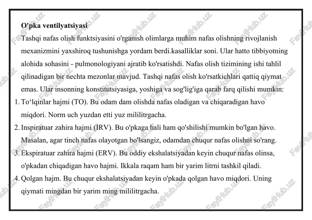 b qolishi alomati ham bor. 4. nafas qisilishi - nafas qisilishi (nafas olish ritmi, chastotasi va chuqurligining buzilishi). haddan tashqari jismoniy zo'riqish, bronxial astma, surunkali obstruktiv bronxit, gipertoniya bilan yuzaga keladi. tashqi nafas olish xususiyatlarini bilish qayerda kerak? tashqi nafas olishni tekshirish butun tizimning funktsional holatini baholash uchun diagnostika maqsadida o'tkazilishi kerak. bemorlardasigaret chekuvchilar yoki xavfli ishlab chiqarishda ishlaydigan ishchilar kabi xavf guruhiga tushib qolish, shu bilan kasbiy kasalliklarga moyillikni ochib beradi. jarrohlar va anesteziologlar uchun bu funktsiyaning holati bemorni operatsiyaga tayyorlashda muhim ahamiyatga ega. nogironlik guruhini tasdiqlash va umuman ishlash qobiliyatini baholash uchun tashqi nafas olishni dinamik o'rganish amalga oshiriladi. shuningdek, surunkali yurak yoki o'pka kasalliklari bilan og'rigan bemorlarni dispanser kuzatuvi paytida. nafas olish tizimi ta'lim turlari spirometriya - bu nafas olish tizimining holatini normal va majburiy nafas chiqarish, shuningdek, 1 soniyada chiqarish hajmi bo'yicha baholash usuli. ba'zida diagnostika maqsadida bronxodilatator bilan test o'tkaziladi. uning mohiyati shundaki, bemor birinchi …
