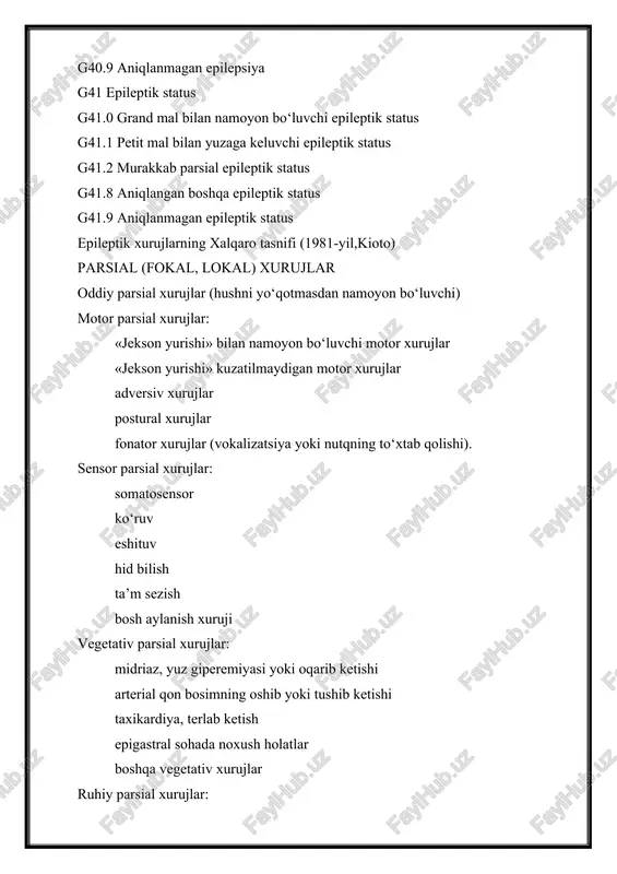 lgan xurujlarga o‘tib ketuvchi murakkab parsial xurujlar; oddiy parsial xurujlarning murakkab parsial xurujlarga o‘tishi va so‘ngra tarqalgan xurujlar rivojlanishi. tarqalgan xurujlar tipik absanslar (tez boshlanib tez tugaydigan): faqat hushdan ketish bilan (oddiy absans) klonik tonik atonik vegetativ avtomatizmlar atipik absanslar (sekin boshlanib sekin tugaydigan): mioklonik klonik tonik tonik-klonik atonik tasniflab bo‘lmaydigan xurujlar yuqorida tasnifi keltirilgan guruhlarning birortasiga ham to‘g‘ri kelmaydigan har qanday epileptik xurujlar ushbu guruhga kiritiladi (masalan, neonatal xurujlar). takroriy epileptik xurujlar tasodifiy xurujlar; siklik xurujlar. reflektor, ya’ni qo‘zg‘ash mumkin bo‘lgan xurujlar: sensor ta’sirotlarsiz; sensor ta’sirotlar yordamida. uzoq davom etuvchi xurujlar (epileptik status) parsial epileptik status (jekson tipidagi); absanslar statusi; tonik-klonik xurujlar statusi. etiologiya tamoyili idiopatik – nasliy moyillik asosiy etiologik omil qilib ko‘rsatilgan va bosh miyaning zararlanishiga oid ma’lumotlar yo‘q. simptomatik – kasallik etiologiyasi aniqlangan va bosh miyada patologik o‘zgarishlar topilgan. kriptogen – sababi noaniq, nasliy moyillik yo‘q va bosh miyada patologik o‘zgarishlar ham yo‘q. lokalizatsiya tamoyili lokal, …