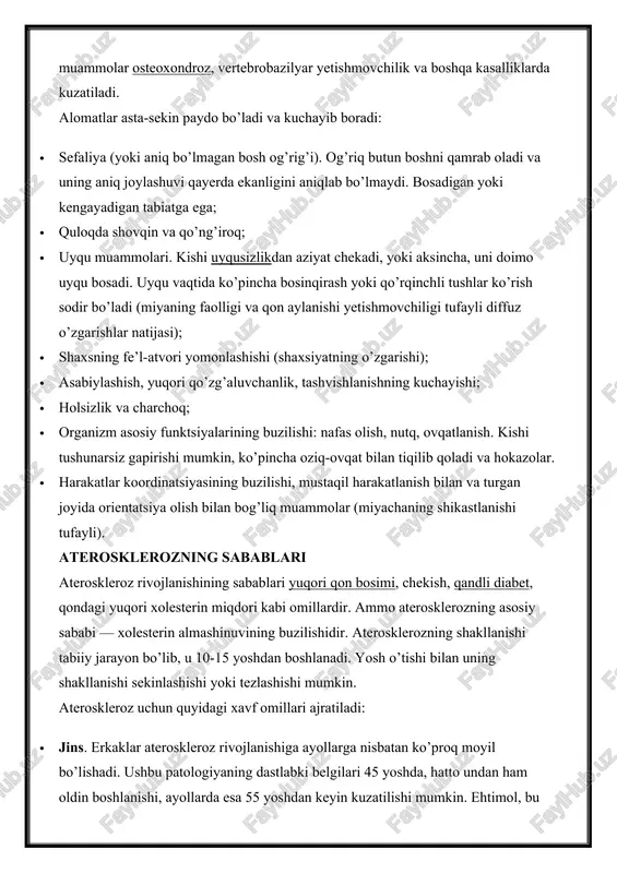 tlaymiz. umuman olganda spirti ichimliklarni hatto juda oz miqdorda iste’mol qilish ham tavsiya etilmaydi, bular bir qator patologiyalar rivojlanishini kafolatlaydi; · ortiqcha vazn. bu omil ateroskleroz yuzaga kelishi ehtimolligini oshiradi. semirib ketish qandli diabetga olib kelishi mumkin, bu patologiya esa ateroskleroz tomon to’g’ri yo’ldir; · noto’g’ri ovqatlanish. yog’li, zararli taomlar asosiy xavf omilidir. ovqatlanish hayotimizda juda muhim fiziologik jarayondir. kelajakdagi sog’ligimiz mahsulotlarning qanchalik foydali ekanligiga bog’liq bo’ladi. juda kam kishilar biladi, ammo shifobaxsh va muvozanatli parhezdan tashqari boshqa barcha parhezlar jahon oziq-ovqat gigienasi kengashi tomonidan tasdiqlanmagan. ovqatlanish ehtiyojlaringiz va energiya sarf-xarajatlaringizga qarab to’g’ri va oqilona bo’lishi kerak. yaponiyadagi o’rtacha umr davomiyligi 84 yil, o’zbekistonda esa 68,5 yilga yaqin. bu farq nimadan? javob oddiy: yapon va boshqa sharqiy xalqlarning ovqatlanishlarini ko’rib chiqing. ularning taomnomasi turli donli mahsulotlarni, sabzavotlarni, o’tlarni, dukkaklilar va yangi baliqlarni o’z ichiga oladi. har kuni tokio bozori qimmatbaho yog’ kislotalari mavjud bo’lgan dengiz mahsulotlari bilan to’ldiriladi. kasallikni davolab …