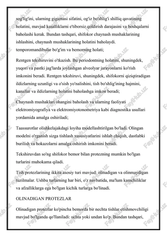 iladi, ba'zida moslashish davri bir necha haftagacha kechiktiriladi; tish go'shtini protezning mahkamlagichlari bilan ishqalash mumkin. qulfli protezlarni qo'llash uchun ko'rsatmalar quyidagilar: bir yoki bir nechta tishlarni almashtirish; tish bo'shlig'ida nuqson mavjudligi; yakuniy nuqsonning mavjudligi; tish chizig'ining egriligini tuzatish zarurati; splinting texnologiyasidan foydalangan holda periodontitni davolash. qopqoq protezlariga qarshi ko'rsatmalar quyidagilar: qo'llab-quvvatlovchi tishlarning yo'qligi; qandli diabet, onkologik kasalliklar; yurak-qon tomir tizimi kasalliklarining o'tkir bosqichi; ruhiy kasalliklar; o'tkir bosqichda og'iz bo'shlig'ida yallig'lanish jarayonlari; o'tkir bosqichda nafas olish tizimining kasalliklari. akril protezlar an'anaviy olinadigan protezlardir. ularni bir necha turlarga bo'lish mumkin: to'liq olinadigan. bemorning tishlari umuman bo'lmasa, bunday protez o'rnatiladi. suyak tishi o'rniga pastki jag'ning alveolyar jarayoni qo'llaniladi. yuqori jag'da protez qo'shimcha ravishda tanglay orqasiga o'rnatiladi. shu bilan birga, bunday protezni mahkamlash mutlaqo ishonchli emas, chunki odamning tishlari yo'q. akril qisman protezlar bemorda kamida bitta sog'lom tish bo'lganda qo'llanilishi mumkin. tabiiyki, u yordam sifatida harakat qiladi. implantlarga mahkamlangan shartli olinadigan yoki qopqoqli protezlar. …