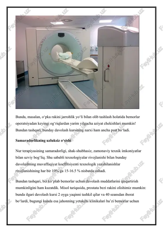 rda tutiladi. n. bilan d. mustaqil yoki davo usullari bilan birga olib boriladi. n. bilan d. xirurgik davo usullari bilan birga olib boriladigan boʻlsa, nur operatsiyadan oldin yoki keyin beriladi. hozirgi koʻpchilik mamlakatlarda onkologik bemorlarning 70% i nur bilan davolanadi. oʻsmalarga nur berilganda avval hujayralar boʻlinishi va koʻpayishi sekinlashadi, keyin toʻliq toʻxtaydi. lekin oʻsma hujayralarining bir qismi doimo tirik qoladi. bu juda xavfli, chunki ularning bir qismi — retsidiv (qaytalangan) oʻsmaga, boshqasi — metastaz (ikkilamchi) oʻsmaga aylanadi. hujayralarning omon qolishi, atrof muhitning turli omillari taʼsirida paydo qilingan zararlarni bartaraf qiladigan (reparatsiyalovchi) fermentli sistema bilan taʼminlanganidadir. bu sistema yaxshi ishlasa, shikastlangan hujayraning faoliyati toʻlik, tiklanadi. har bir hujayraning umrida nurga nisba-tan yuqori va past sezgirlik davri boʻladi. agar ionlovchi nur hujayraning yuqori sezgirlik paytida taʼsir etsa, u qattiq shikastlanadi, sezgirlik past vaqtida boʻlsa, faoliyati uncha oʻzgarmaydi. koʻpgina tadqiqotlarda koʻrsatilishicha, oʻsma hujayrasining nur bilan za-rarlanish darajasi undagi kislorod miqdoriga bogʻliq: kislorod koʻp …