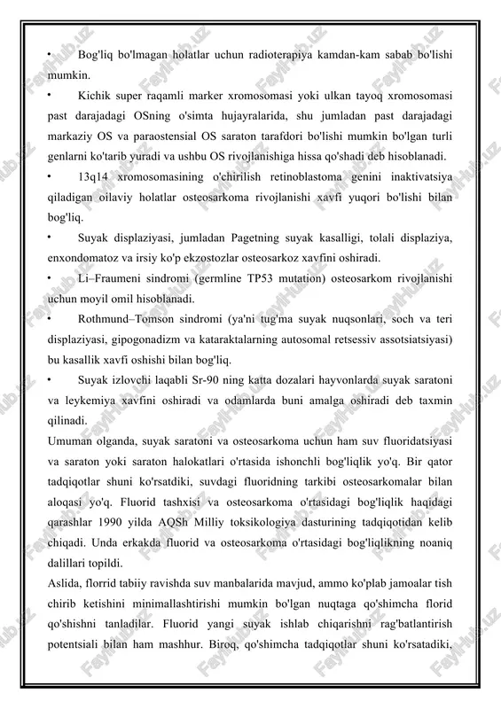ologik sinishlar osteosarkomaning keng tarqalgan xususiyati emas. noqulaylik tufayli siz cho'loq holda yurishingiz mumkin. o'simtaning kattaligi va joylashuviga qarab shish yoki bir parcha qayd etilishi yoki qayd qilinmasligi mumkin. limfomada uchraydigan (isitma, tungi terlash va boshqalar) kabi tizimli alomatlar juda kam uchraydi. nafas olish alomatlari odatiy holdir, ammo ular sodir bo'lganda, ular o'pkaning og'ir ishtirokini ko'rsatadi. qo'shimcha alomatlar odatiy holdir, chunki boshqa joylarga metastaz juda kam uchraydi. jismoniy tekshiruv natijalari odatda birlamchi o'simtaning joylashuviga qaratilgan bo'lib, quyidagilarni o'z ichiga olishi mumkin: · yaqqol massa haddan tashqari pulsatsiya yoki jarohat bilan yoki bo'lmasa yumshoq va issiq bo'lishi mumkin, garchi bu belgilar aniq emas. · harakat oralig'ining kamayishi bilan birgalikda shug'ullanish. · mahalliy yoki mintaqaviy limfadenopatiya (g'ayrioddiy). · metastatik shakllarga ega bo'lgan nafas topishmoqlari. osteosarkomalar qanday aniqlanadi? osteosarkomni dastlabki baholash boʻyicha milliy kompleks rakovina tarmogʻining 2020 yilgi yoʻriqnomasi (1.2020-yil versiya): klinik tarix va jismoniy imtihon lactate dehydrogenase (ldh) va gidroksidi fosfataz (alp) …