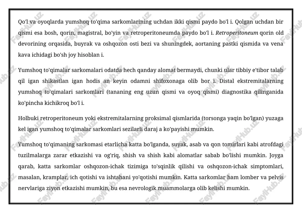 n berilishi mumkin. ham neo juvan, ham juvan terapiya ularning afzalliklari va kamchiliklariga ega va r iatsiya terapiyasidan foydalangan holda yumshoq to'qimalar sarkomlarini davolash uchun eng yaxshi vaqtni aniqlash bo'yicha ba'zi tortishuvlar mavjud. r ioterapiyaning ikki asosiy turi - tashqi r iatsiya terapiyasi va ichki r iatsiya terapiyasi . tashqi r iatsiya terapiyasi bilan tananing tashqarisida joylashgan mashina o'simtaga r iatsiya ber i. ichki r iatsiya terapiyasi bilan simlarda, igna, kateter yoki urug'da muhrlangan r ioaktiv moddalar o'simta yoki uning yaqinida joylashgan. yangi davolash usuli - intensiv modulyatsiyalangan r ioterapiya (imrt). imrt suratga olish va shishning aniq shakli va hajmini qayta tiklash uchun kompyuterdan foydalan i. turli zo'ravonliklarda r iatsiya nurlari shundan so'ng ko'p tomonlama burchaklardagi o'simtaga qaratilgan. ushbu turdagi r iatsiya terapiyasi atrof-muhit sog'lom to'qimalariga ozgina zarar etkaz i va og'izning og'ziga tushishi, muammolarni yutish va teri shikastlanishi kabi salbiy oqibatlarga olib kel i. r yoterapiden tashqari, kemoterapi saraton …