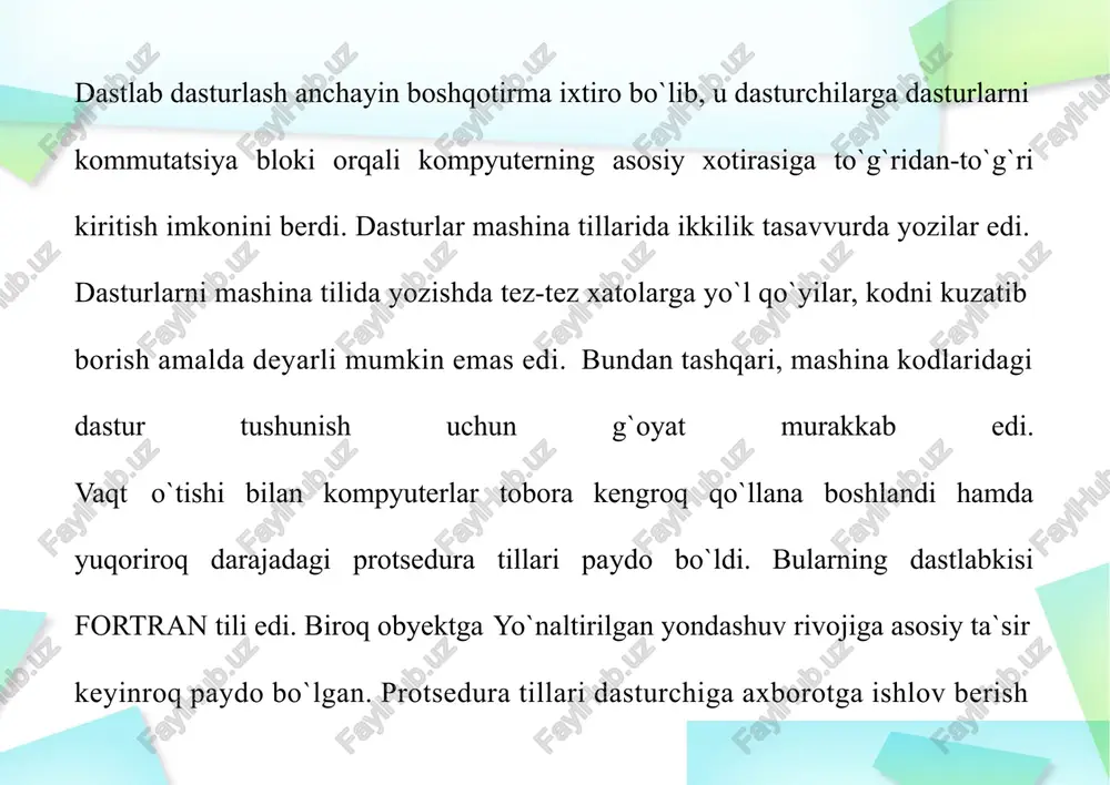 i. biror bir obyekt boshqa obyektning xulq-atvoriga ta`sir ko`rsatgan vaqtda u bu ta`sirni bevosita ko`rsatmaydi, balki undan qandaydir bir qo`shimcha axborotdan foydalangan holda o`zini o`zi o`zgartirishni iltimos qiladi. odatda bu «xabarni jo`natish» deb ataladi. sinf umumiy xususiyatlar va xulq-atvorga ega bo`lgan obyektlarni birlashtiradi. bitta sinfga mansub obyektlar bir xil xususiyatlarga ega bo`lib, bir xil xatti- harakat namoyon etadi. sinflar shablon (qolip)ga o`xshaydi: ular obyektlarning ekzem- plyarlari (nusxalari)ni tayyorlash uchun qo`llanadi. belgilar — sinfning tashqaridan ko`rinib turgan xususiyatlari. obyekt ichki o`zgaruvchiga bevosita kirishni taqdim etganda yoki usul yordamida qiymatni qaytargandagina o`z belgilarini namoyon qilishi mumkin. xulq-atvor — xabarga yoki holatning o`zgarishiga javoban obyekt tomonidan bajariladigan xatti-harakatlar. u obyekt nima qilayotganini bildiradi. bir obyekt ikkinchi obyekt ustida xatti-harakatlar bajarib, uning xulq-atvoriga ta`sir ko`rsatishi mumkin. «xatti-harakat» atamasi o`rniga «usulni chaqirish», «funksiyani chaqirish» yoki «xabarni uzatish» atamalari qo`llanadi. muhimi, bu atamalarning qaysi biri qo`llanayotganida emas, albatta, muhimi, bu xatti- harakatlar obyekt xulq-atvorini namoyon qilishga …