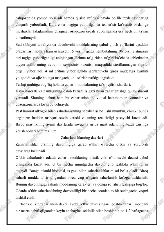 ganizmda so’rilib, qonga tushgandan keyin zaharli ta’sir ko’rsatadi. shuning uchun ham to’g’ridan to’g’ri qon tomiriga yuborilganda ancha tez ta’sir qiladi. ayrim zaharli moddalar faqat aniq yo’llar orqali kirgandagina o’z ta’sirini namoyon etadi. masalan, xloroform nafas olganda yaxshi ta’sir ko’rsatsa oshqozonida yomon so’riladi hamda qusish refleksi paydo bo’lib tezda tashqariga chiqarib yuboriladi. kurare teri tagiga yuborilganda tez ta’sir ko’rsatib birdaniga mushaklar falajlanishini chaqirsa, oshqozon orqali yuborilganda esa hech bir ta’siri kuzatilmaydi. sud tibbiyoti amaliyotida davolovchi moddalarning qabul qilish yo’llarini qasddan o’zgartirish hollari ham uchraydi. 15 yoshli qizga nembutalning 10-foizli eritmasini teri tagiga yuborilganligi aniqlangan. eritma to’g’ridan to’g’ri ko’chada tabletkadan tayyorlanilib uning «yoqimli sezgisini» kuzatish maqsadida sterillanmagan shprits orqali yuboriladi. 4 ml eritma yuborilganda jabrlanuvchi qisqa muddatga xushini yo’qotadi va ojiz holatga tushgach, uni zo’rlab nafsiga tegishadi. tashqi muhitga bog’liq holatda zaharli moddalarning ta’sir qilish shartlari: havo harorati va namligining oshib ketishi is gazi bilan zaharlanishga qulay sharoit yaratadi. shuning uchun ham …