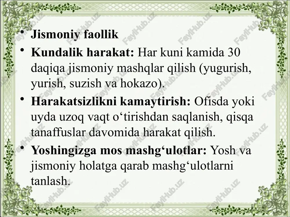 yoga yoki meditatsiya praktikalariga qiziqish qo'yish va tinchlikni o'z ichiga oluvchi mashqlar bilan tanishing. bu, stresni kamaytirish va tinchlikni oshirishda foydali bo'ladi. 1.tibbiy elektronika m.i. bazarbayev,i. mullajonov toshkent -2019 2.miraxmedov d.a.avtomatik boshqarish nazariyasi .toshkent , o’qituvchi 1993 3.n.r.yusofbekov va bosh.texnologik jarayonlarni nazorat qilish va avtomatlashtirish. internet saytlari 1.http://forca.ru/cpravka .html 2.http://vivozora.com.ua./city/zaprozhye/ 3.http://www.krugosvet.ru/encc/nauka_i_tehnika/ximiya .html? 4.uz.warbletoncouncil.org foydalangan adabiyotlar image2.jpeg image3.jpeg image4.png image5.png image6.png image7.png image1.jpeg te) pree = 3 ate ‘s 2 © 2. v lifestyle /docprops/thumbnail.jpeg a sog'lom turmush tarzi va uning salomatlikni shakillantrishdagi ahamiyati —
