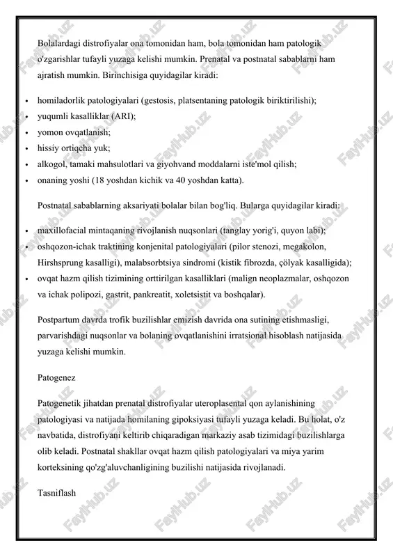 ish mexanizmini hisobga olgan holda quyidagilar tasniflanadi: · asosiy. bunday holda, distrofiya mustaqil kasallik sifatida yuzaga keladi. · ikkilamchi. ular boshqa patologiyalarning asoratlari: metabolik kasalliklar, oshqozon-ichak disfunktsiyasi, ichak disbiyozi. bolalarda distrofiya belgilari bolalardagi distrofiyalarning klinik ko'rinishi kasallikning shakliga bog'liq. birinchi belgilar tug'ilish vaqtida ham (prenatal shakllar) ham, tug'ilishdan keyin ham (postnatal) bir muncha vaqt - bir necha kundan oylar yoki yillargacha aniqlanishi mumkin. gipotrofiyaning og'irligiga qarab, klinik ko'rinish o'ziga xos xususiyatlarga ega. engil shaklda (i bosqich) me'yordan og'ish faqat maqsadli tekshiruv vaqtida aniqlanadi. bolaning umumiy holati zarar ko'rmaydi. mumkin bo'lgan patologik o'zgarishlar teri turgorining pasayishi va qorin old devoridagi teri osti yog 'qatlamining yupqalashishini o'z ichiga oladi. o'rtacha shakl (ii bosqich) bolaning apatiyasi, letargiyasi, ishtahaning pasayishi va intellektual rivojlanishning o'rtacha kechikishi bilan tavsiflanadi. terining elastikligi va turgorining pasayishi, uning quruqligi, tana haroratining pasayishi va skelet mushaklarining tonusi. yog 'to'qimalarining normal miqdori faqat yuzida qoladi; boshqa hududlarda sezilarli darajada yupqalashgan. yurak …