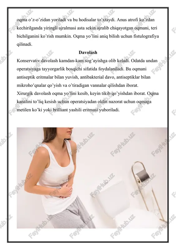 i hosil bo‘lishi (85 foiz); 2. qaytalovchi paraproktit hosil bo‘lishi (7-11 foiz); 3. o‘z-o‘zidan yaxshi bo‘lib ketishi (4-5 foiz) qachonki ichki yiringli paraproktitning teshigi yiringli jarayon bilan bir paytda yorilsa va buzilsa, yiring ichakka yoki tashqariga yorilib, keyinchalik o‘zicha bitib ketishi mumkin, bu holat juda kam uchraydi. ko‘pchilik holatlarda esa hosil bo‘lgan yiringli jarayon o‘zicha yorilsa yoki jarrohlik yo‘li bilan faqatgina kesib qo‘yilsayu, ichki teshigi yo‘q qilinmasa, u so‘zsiz to‘g‘ri ichak oqmasiga olib keladi. bunday holatda oylab, yillab kasallikning birgina belgisi doimo oqmaning tashqi teshigidan yiring kelib turishidir. ayrim hollarda, oqmaning tashqi teshigi bekilib qolsa, yana tana harorati ko‘tarilib, og‘riq kuchayib bemor bezovtalanadi. har safar qaytalanganda to‘g‘ri ichak oqmasining yangi-yangi shoxobchalari va yiring bo‘shliqlari hosil bo‘ladi. bu esa o‘z navbatida anal sfinkterining faoliyatiga salbiy ta’sir ko‘rsatib, uni yetishmaslik darajasiga olib kelishi mumkin. o‘tkir paraproktit davosi operatsiya iloji boricha mutaxassis tomonidan amalga oshirilsa, paraproktit qaytalanmasligi yoki u to‘g‘ri ichak oqmasiga aylanmasligi, …
