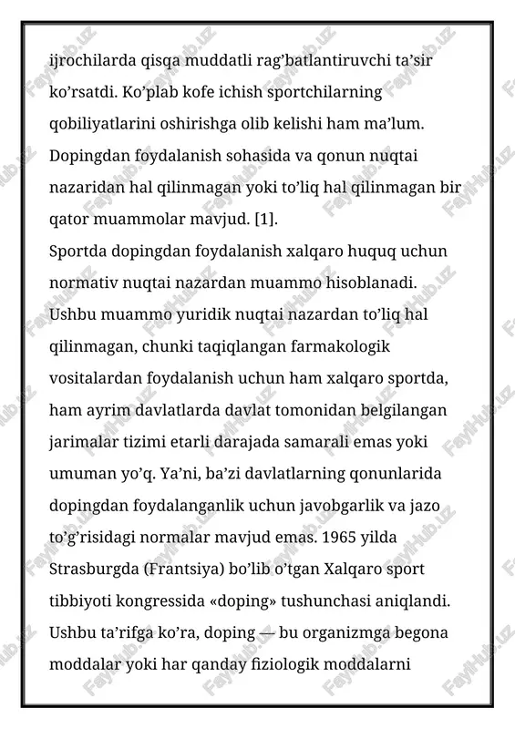 lash va tashish huquqiga ega. antidoping nazorati bilan shug’ullanadigan antidoping komissarlari barcha ma’lumotlarni maxfiy tutishlari va doping nazorati protsedurasining to’g’ri bajarilishini ta’minlashlari shart. ushbu protsedura maxsus tashkil etilgan joylarda (doping stantsiyasi) amalga oshiriladi. musoboqalar sovrindorlari majburiy sinovdan o’tkaziladi. musobaqa davomida jismoniy shaxslar bir necha bor antidoping sinovlaridan o’tishlari mumkin. natijalar 48 soatdan kechiktirmasdan tayyor bo’lishi kerak. xulosa qiladigan bo’lsak, ushbu hodisani sportda yo’q qilish bo’yicha umumiy siyosatni ishlab chiqish jarayonida davlatlar bir-biri bilan hamkorlik qilishi, tajriba almashishi va birgalikda harakat qilishi kerak. natijada xalqaro munosabatlarning asosiy yo’nalishlaridan biri: turli mamlakatlar odamlari o’rtasida tinchlik va totuvlikni mustahkamlashga erishiladi. sportning asosiy mano va mazmuniga putur etkazilishini oldi olinadi, doping qarshi kurashning adolatli mexanizmi olimpizning va sog’lom turmush tarzining ommalashishiga olib keladi. o‘zbekistonlik yunon-rum kurashchisi sultonbek elmurodov doping tufayli to‘rt yilga musobaqalardan chetlashtirildi. bu haqda milliy antidoping agentligi matbuot xizmati xabar bermoqda. foto: tass qayd etilishicha, o‘zbekiston milliy antidoping agentligi huzuridagi axloq komissiyasining …