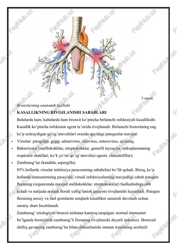 i; · yallig’langan bronx hududning rentgenologik tekshiruvi. yallig’lanish ekssudatining tabiatiga ko’ra turlari: · kataral; · yiringli; · aralashgan, kataral-yiringli; · atrofik. bu tasnif balg’am tahlilining natijalariga asoslangan: yiringli bronxit eksudatida ko’p miqdorda leykotsitlar va makrofaglar mavjud bo’ladi. bronxial qisilish (obstruktsiya) darajasi o’tkir obstruktiv va noobstruktiv bronxit kabi kasalliklar shakllarini aniqlaydi. 1 yoshgacha bo’lgan bolalarda o’tkir obstruktiv bronxit bronxiolit shaklida yuzaga keladi va chuqur va boshlang’ich bronxlari qisilishi bilan o’tadi. o’tkir noobstruktiv shakl o’tkir noobstruktiv(obstruktiv emas) yoki oddiy shakldagi bronxit va katta va o’rta kalibrdagi bronxial naychalarda kataral yallig’lanish jarayonining rivojlanishi va yallig’lanish tarkibidagi bronxial to’siqning yo’qligi bilan ajralib turadi. ushbu shaklning eng keng tarqalgan sababi virusli infeksiya va noinfektsion moddalardir. kasallik muvofiq davolash bilan rivojlanishda davom etar ekan, balg’am bronxlarni yo’talish jarayonida tark etadi, nafas olish etishmovchiligi rivojlanmaydi. bronxitning o’tkir obstruktiv shakli havo yo’llarining torligi va balg’amning oz miqdori bilan bronxospazmga moyilligini hisobga olgan holda, maktabgacha yoshdagi bolalar uchun ushbu …