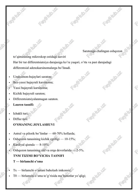 metastazlar oshqozon saratoni metastazlari mintaqaviy limfa tugunlarida aniqlanadi: chap va o’ng me’da arteriyalari, o’ng va chap oshqozon-charvi, taloq (limfa drenajining birinchi bosqichi) mintaqaviy tugunlari; qorin tugunlari (limfa drenajining ikkinchi bosqichi); paraaortal, parakaval va boshqalar bo’ylab. limfogen metastazning o’ziga xos shakllari ham ajratiladi: · virxov metastazlari — chap o’mrov usti, to’sh-o’mrov-so’rg’ichsimon mushak oyoqchalari orasidagi sohasi limfa tugunlarining shikastlanishi; · shnitzler metastazlari — pararektal limfa tugunlariga; · ayrish metastazlari — qo’ltiq osti limfa tugunlariga; · mariya jozef metastazi — jigarning dumaloq boylami bo’ylab kindikka; · krukenberg metastazlari — tuxumdonlarga. metastazning birinchi ikkita turi palpatsiya va ultratovush yordamida aniqlanishi mumkin, tasdiqlash uchun punktsion biopsiya qo’llaniladi. krukenberg saratoni ultratovush va laparoskopiya yordamida aniqlanadi, laparoskopik utt va punktsiya o’tkazilishi mumkin. ushbu turdagi metastazlar saratonning kech bosqichlarda ekanini ko’rsatadi. gematogen metastaz ko’pincha portal tomir bo’ylab jigarga metastazlanish uchraydi. bunda jigarda kichik bo’rtiqlar paydo bo’ladi, portal gipertenziya, jigar hujayralari yetishmovchiligi rivojlanadi. kamroq hollarda o’pka va boshqa organlarga …
