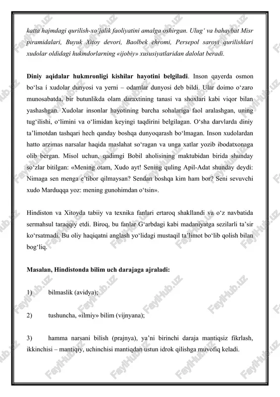 i taqqoslaganda aniq xudolarning roli uncha katta emas, faqat «dunyoviy qonun» tamoyillarining individuallashgan timsolidan iboratdir. hech kim, shuningdek xudo ham inson karmasini o‘zgartirishga qodir emas. karmaning sanskrit tilidan tarjimasi «faoliyat» (taqdir)ni bildiradi. bu tushunchaning mazmunini aniqlash murakkab. karma insonning oldingi hayotidan meros bo‘lib o‘tadi va hozirgi hayotining mazmuni va faoliyatida namoyon bo‘ladi, u bo‘lg‘usi moddiy timsolning sifatini belgilaydi. xitoy madaniyatining o‘ziga xos farqli jihati shundaki, qadimdan dinlardagi mistik ibtidoga axloqqa nisbatan ikkinchi darajali deb qaralgan, madaniyatdagi belgilovchi g‘oya osmon tasdiqlagan buyuk «axloqiy-ijtimoiy - siyosiy tartib» bo‘lgan. xitoy madaniyati va sivilizatsiyasining ming yillar davomida asosiy ruhiy, axloqiy va g‘oyaviy manbai mil. avv. 551í479 y. yashagan buyuk mutafakkir konfutsiy ta’limoti hisoblanadi. barcha eng muhim narsalar har qanday sivilizatsiyaning «qiyofasini» belgilaydi – hayot tamoyillari, davlat va ijtimoiy tashkilot shakllari, umum qabul qilgan axloqiy me’yorlar va qadriyatlarning barchasi xitoyda konfutsiylik ta’sirida shakllangan. bejizga l. s. vasilyev konfutsiylikni «xitoy sivilizatsiya-sining kvint essensiyasi (mohiyati)» deb atamaydi. …