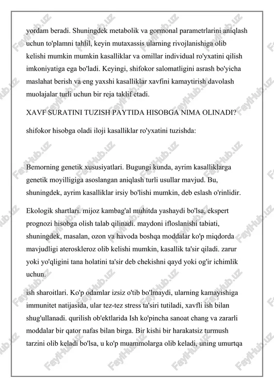 sog'liqni saqlashni ta'minlaydi. bu so'zlar yunon tilida, "phylax" so'zi, ya'ni "qo'riqlash" va "tomosha qilish" ma'nosini bildiradi. profilaktik sog'liqni saqlash tibbiyotda terapiya terapiyasi jarrohlik, tish tozalash , vaktsinalar, tug'ilishni nazorat qilish va boshqa narsalarni yuzaga keltiradigan muolajalar va davolash usullarini tasvirlash uchun ishlatiladi. profilaktik gepatitga qarshi emlash kasalni gepatitdan olishga to'sqinlik qiladi, profilaktik stomatologik tozalash esa tishlarning parchalanishini oldini oladi. profilaktik yordam turlari profilaktik parvarish ko'p shakllarni oladi va kasallik jarayoni aniqlanganidan keyin ham davom etadi. umuman olganda, profilaktika nafaqat kasallikni oldini olishni anglatmaydi, balki kasallikning yomonlashuvini oldini olish, kasallikning zo'ravonligini kamaytirish va ortiqcha davolanishning oldini olish ma'nosini ham anglatadi. birlamchi profilaktika: kasalliklarga chidamlilikning oldini olish yoki oldini olish. bu muntazam tibbiy tekshiruvlar va emlashlarni o'z ichiga olishi mumkin. ads by optad360 ikkilamchi profilaktika: kasallik jarayonini erta aniqlash va davolash. bu umumiy sharoitlar uchun skriningni o'z ichiga oladi, shuning uchun ularning erta bosqichlarida, masalan, har yili qon bosimi va qon glyukoza …