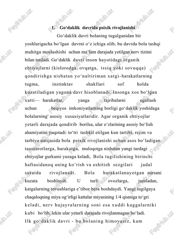 ayotidagi eng ahamiyatta molik, uiing kelajakdagi psixologik rivojlanishini belgilab beruvchi - muhim davr hisoblanadi. bu davrdagi rivojlanishning asosini bolaning to‘tri yurishi, mulohotta kirishishi va predmeatsh faoliyatni egallash xususiyatlari tashkil etadi. tikka va to‘g‘ri yura olish imkoni bolani, doimiy ravishda yangi ma’lumotlarni egallashga zamin bo‘ladi. bu yoshdagi bolalar o‘z xatti—harakatlari bilan juda faol va kattalar bilan muloqotga kirishishga intiluvchan bo‘ladilar. 3-7 yoshgacha bulgan davr bogcha yoshi davri xisoblanadi. maktabgacha yoshdagi bolalar psixologiyasida juda tez sifat uzgarishlari bulishini inobatga olgan xolda 3 davrga (3-4yosh) kichik maktabgacha davri(4-5yosh)kichik bogcha yoshi urta maktabgacha davr( urta bogcha yoshi) 6-7 yosh va katta maktabgacha davr katta bogcha yoshilarga ajratish mumkin.bola rivojlvnish jarayonida odamlarning ilgari utgan avlodlari tomonidan yaratilgan predmet va xodisalar olami bilan aloxida maxsus munosabatga kirishadi.bola insoniyat kulga kiritgan barcha yutuklarni faol ravishda uzlashtirib,egallab boradi.bunda predmetlar olamini,xamda ular yordamida amalga oshiriladigan xatti – xarakatlarni, tilni , odamlar orasidagi munosabatlarni egallab olishi, faoliyat motivlarining rivojlanishi, kobiliyatlarning …