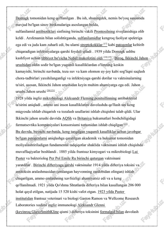 liligini ham , bakteriyalar tomonidan ma'lum bo'yoqlarning tanlab o'zlashtirilishini ham ta'kidlab, bakterial infektsiyalarni davolash uchun shunga o'xshash tanlab olish xususiyatlariga ega mishyak o'z ichiga olgan bo'yoqlardan foydalanish mumkinligini taklif qildi. arsfenamin bir qator bunday birikmalarni sintez qilish kampaniyasida tayyorlangan va qisman selektiv toksiklikni namoyon qilishi aniqlangan. arsfenamin sifilisning birinchi samarali davosi bo'lib chiqdi , bu kasallik o'sha paytgacha davolab bo'lmas edi va jiddiy teri yaralari, nevrologik shikastlanishlar va o'limga olib keldi erlixning sintetik birikmalarning kimyoviy tuzilishini muntazam ravishda o'zgartirish va bu o'zgarishlarning biologik faollikka ta'sirini o'lchashga bo'lgan yondashuvi sanoat olimlari, jumladan bayer ag olimlari yozef klarer, fritz mitssh va gerxard domagk tomonidan keng qo'llanilgan . bu ish, shuningdek, nemis bo'yoq sanoatida mavjud bo'lgan sinov birikmalariga asoslangan holda, sulfanilamid antibiotiklari sinfining birinchi vakili prontosilning rivojlanishiga olib keldi . arsfenamin bilan solishtirganda, sulfanilamidlar kengroq faoliyat spektriga ega edi va juda kam zaharli edi, bu ularni streptokokklar [17] kabi patogenlar keltirib chiqaradigan infektsiyalarga …