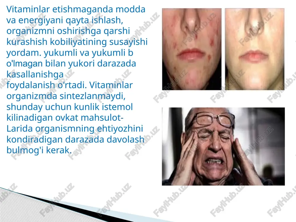 gdoy kurtagi va kepagida buladi. odam organpzmiga ovkat tarkibida hamda uning turli hosilalari holida tushib, ichakda hydrolizlanib pontonate holida s^iladi. b6 vitamini (piridoksin). vitamin b6ingichka ichakdan konga tez suriladi va tukimalarda piridoksal-fosfatga ailanadi. piridoksal fosfat nuklein kislotalar, oksil,eg, karbongidrat zaharlanishida energiya xosil bulishi zharayonlarini tezlatuvchi fermentlar tizimi tarkibiga kiradi. pyridoxal-phosphate kup mikdorda, kamrok rentabelliklarda, jismoniyda, oishchozon osti bezida, yurak tukimalarida, ichak shillik, kavatida, taloqda va upkada buladi. vitamin b6 tabiatda keng tarkalgan. pivoning quruq ochitkilari, balik, boshok.lilar doni va kepagi vitamin b6 ga eng boy beriladi. sabzavot va sut mahsulotlarida uning mikdori oz. kam mikdorda vitamin b6 icak mikroflorasi tomonidan sinthetlanadi. vitamin b6 moddalarida turli azo va sistemalarda (nuklein kislotalar, ok.sillar, lipidlar, carbohydrate lar, ovqatlar, amino acidalar) va energetika almashishida yavdol buzilislarga olib keladi, aitilgan kasalliklar immuno azolarda ham kuzatilib, immuno takchiligi chikadi. vitamin b12 - (kobalaminlar). vitamin b12 murakkab tuzilishga ega. u odam wa hayvonlarda ichak mikroflorasi joylashganm synthetlanadi …