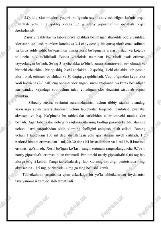 uning uchun ularni tarqatishdan oldin xlorning faolligini aniqlash talab etiladi. buning uchun 1 tabletkani 100 ml dagi distillangan yoki qaynatilgan suvda eritiladi, 1:5 n.xlorid kislota eritmasidan 1 ml, 20-30 dona ki kristallaridan va 1 ml 1% li kraxmal eritmasi qo’shiladi. xosil bo’lgan ko’kish rangli eritmani rangsizlanguncha 0,7% li natriy giposulfiti eritmasi bilan titrlanadi. bir tomchi natriy giposulfiti 0,04 mg faol xlorga to’g’ri keladi. yangi tabletkalardagi faol xlorning aktivligi: pantotsidda - mg, akvaseptda - 3,5 mg, puritabsda- 4 mg ga teng bo’lishi kerak. tabletkalarni tarqatishda qism askarlaiga bir yo’la tabletkalardan foydalanish tavsiyanomasi xam qo’shib tarqatiladi. mashg’ulotda qo’llaniladigan yangi pedagogik texnologiyalar: “aqliy hujum”. “aqliy hujum” usulini qo’llash bu metodika bilan ishlash uchun ochiq muhokamaga xalakit beradigan ruhiy taranglikni bartaraf etib, ishonch muhitini yaratib olish zarur. bu usul tafakkur qilish mezonlarining chegaralarini kengaytirish, mavjud chegaralanishni abstraklashtirish, fikrlash faoliyatining tezlikda rivoshlanish, ilmiy faoliyat intensivligini imkoniyatlarini birlashtiradi. bu usul argumentlash, o’z shaxsiy nuqt nazarida sobit …
