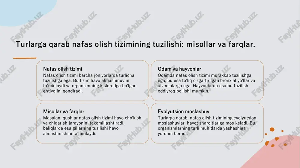 istonda nafas olish tizimi organlari bo'yicha ko'plab tadqiqotlar o'tkazilgan, bu esa mahalliy ekosistemalarning biologik xususiyatlarini ochib beradi. 3 natijalar va ahamiyati - olingan natijalar turlararo farqlarni aniqlashga, ekologik moslashuvlarni tushunishga va tibbiy tadqiqotlar uchun yangi imkoniyatlar yaratishga yordam beradi. o'zbekistonda nafas olish tizimiga oid biologik tadqiqotlar tarixi va rivoji. 01 o'zbekistonning biologik tadqiqotlari o'zbekistonda nafas olish tizimiga oid biologik tadqiqotlar 20- asrning boshlarida boshlangan bo'lib, mahalliy florani va faunani o'rganish maqsadida olib borilgan. 02 asosiy tadqiqotlar 1950-1970-yillarda o'zbekistonda nafas olish tizimining histologik xususiyatlarini o'rganishga qaratilgan ko'plab tadqiqotlar olib borildi, natijalar muhim ilmiy ahamiyatga ega. 03 rivojlanish tendensiyalari hozirgi kunda zamonaviy usullar, jumladan, molekulyar biologiya va genomika, o'zbekistonda nafas olish tizimiga oid tadqiqotlarni sezilarli darajada kengaytirmoqda. o'zbekistonda nafas olish tizimining histologik xususiyatlari: mahalliy tadqiqotlar. 1 o'zbekistonning biologik xilma-xilligi o'zbekiston nafas olish tizimida mavjud bo'lgan turli organizmlarning xilma-xilligi, ularning histologik xususiyatlarini o'rganish uchun muhim manba hisoblanadi. 2 mahalliy tadqiqotlar o'zbekistonda nafas olish …