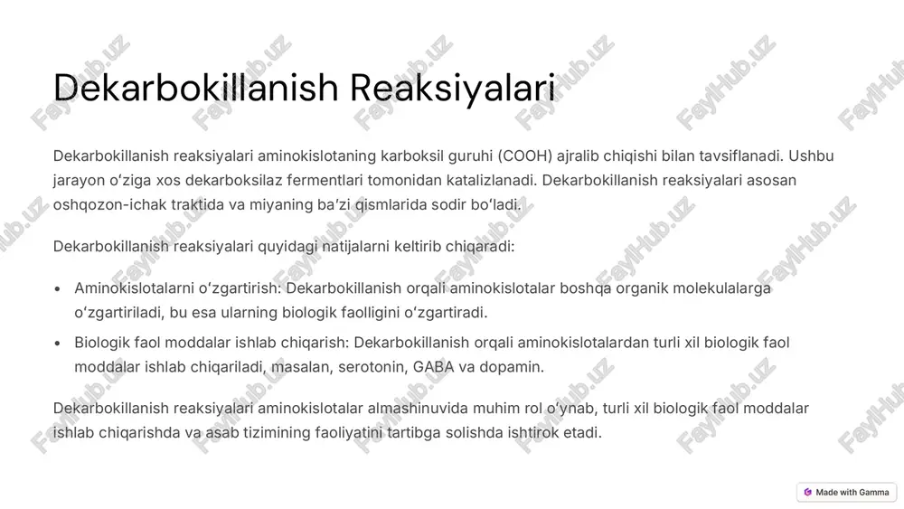 aminokislotalarni sintez qilish, parchalanish va boshqa organik molekulalarga oʻzgartirishni taʼminlaydi. aminokislotalar metabolizmining tarmoqlari quyidagi guruhlarga boʻlinadi: • glukonogenik aminokislotalar: ushbu aminokislotalar glyukoza ishlab chiqarishda ishtirok etadi. • ketogenik aminokislotalar: ushbu aminokislotalar keton tanalari ishlab chiqarishda ishtirok etadi. • aminokislotalar almashinuvi: ushbu tarmoq aminokislotalarni bir-biriga oʻzgartirishni taʼminlaydi. • aminokislotalar oksidlanishi: ushbu tarmoq aminokislotalarni energiya ishlab chiqarishda ishlatishni taʼminlaydi. ushbu tarmoqlarning bir-biriga bogʻlanganligi aminokislotalar metabolizmining murakkab va tartibga solingan jarayon ekanligini koʻrsatadi. aminokislotalar metabolizmining buzilishi turli xil sogʻliq muammolari, jumladan, oqsil yetishmovchiligi, anemiya va metabolik buzilishlarga olib kelishi mumkin. https://gamma.app/?utm_source=made-with-gamma aminokislotalar metabolizmi buzilishlarining namoyon boʻlishi aminokislotalar metabolizmi buzilishlari turli xil sabablarga koʻra yuz berishi mumkin, jumladan, genetik buzilishlar, oziq-ovqatning etishmovchiligi, toksinlar taʼsiri, dori-darmonlar taʼsiri va boshqalar. aminokislotalar metabolizmi buzilishlari turli xil alomatlar bilan namoyon boʻlishi mumkin, jumladan, charchoq, zaiflik, vazn yoʻqotish, terining rangsizlanishi, oshqozon-ichak muammolari, nevrologik buzilishlar va boshqalar. aminokislotalar metabolizmi buzilishlari turli xil kasalliklarga, jumladan, fenilketonuriya, alkaptouriya, homosistinuriya, maple syrup urine …