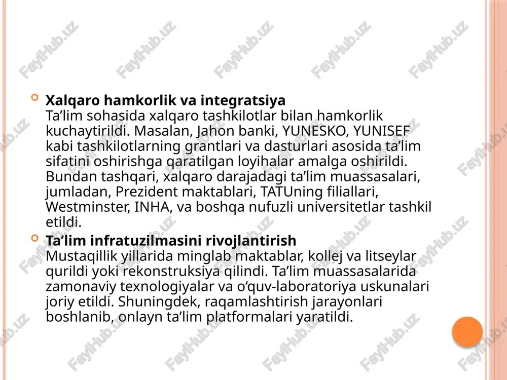 bo‘lib, biz umumbashariy qadriyatlarning eng birinchi asosi bo‘lgan xalq insonparvarligi chashmalaridan qadam-baqadam bahramand bo‘lmoqdamiz. ayni shu hol taraqqiyot yo‘lidan dadil borishimiz va butun insoniyat bilan birligimizning eng mustahkam kafolatidir.1 1 i.a.karimov. o'zbekiston: milliy istiqlol, iqtisod, siyosat, mafkura. 1-tom. - t., "o'zbekiston". 1996, 80-bet prezidentimiz tomonidan ta’kidlangan umumbashariy qadriyatlarning zaminida albatta, birinchi o‘rinda ta’lim-tarbiya yotadi. insonda qachonki insonparvarlik g‘oyalari ustun bo‘lsa, siyosiy ongi etuk bo‘lsa, atrof-muhitga munosabati sog‘lom bo‘lsa, bir so‘z bilan aytganda umumbashariy qadriyatlar ustun bo‘lsagina bunday insonlar mavjud bo‘lgan jamiyatni biz fuqarolik jamiyati deb atay olamiz. shunday ekan, istiqbolimizni belgilaydigan ta’lim sohasini isloh qilish mamlakatimizdagi eng dolzarb muammolardan biri sifatida xx asr oxirlarida maydonga chiqdi. aynan ana shu ta’lim sohasi kelajagimizni yaratadi. barchamizga ma’lumki, respublikamiz milliy mustaqilligini qaror topshirish nihoyatda murakkab tarixiy va ijtimoiy siyosiy sharoiga to‘g‘ri keldi. bu jarayonda esa mulkchilikning yagona davlat monopoliyasiga asoslangan shaklidan ko‘p ukladli shakliga o‘tish, shuningdek, huquqiy demokratik davlat qurish va erkin fuqarolik …