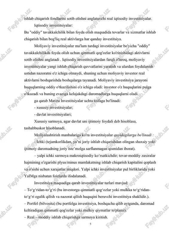 noatlashgan mamlakatlar"ning o'rtacha 6% o'sish sur'atining bir foiz punktidan ko'p bo'lmagan qismini tashkil qiladi. investitsiyalarni ko'paytirish orqali barqaror o'sishga erishish mumkinligi haqida aniq xulosa chiqarish mumkin emas . lekin bir narsa aniq: nafaqat investitsiya darajasi, balki uning sifati va joylashtirish samaradorligi ham muhim, bu esa sarmoya kiritish uchun qulay shart-sharoitlar yaratish bilan ta’minlanadi. 1.2 foyda manbalari ijtimoiy-madaniy sohaga, ilm-fan, mudofaa, davlat infratuzilmasi ob'ektlariga, atrof-muhitni muhofaza qilishga, tashqi iqtisodiy aloqalarni rivojlantirishga, uy-joy qurilishi, fuqarolik qurilishiga, ichki xavfsizlikni ta'minlashga, norentabel yoki past rentabelli ishlab chiqarishni qo'llab-quvvatlashga, rag'batlantirishga investitsiyalar zarur. fan va texnikani rivojlantirish, xalqaro loyihalarni amalga oshirish. zarur investitsiyalarni jalb qilish uchun davlat ichki va tashqi manbalardan foydalanadi. asosiy ichki manba daromadlar, davlat va viloyat, mahalliy byudjetlardan korxonalar, tadbirkorlar, aholi, ya’ni davlatdan tashqari yana ikki xo’jalik yurituvchi sub’ektning soliqqa tortish hisobiga olingan mablag’lardir. davlat soliqlarning o'zi bilan bir qatorda boshqa turdagi soliqlar, maqsadli yig'imlar va majburiy to'lovlarga ham murojaat qiladi. davlat tashqi …
