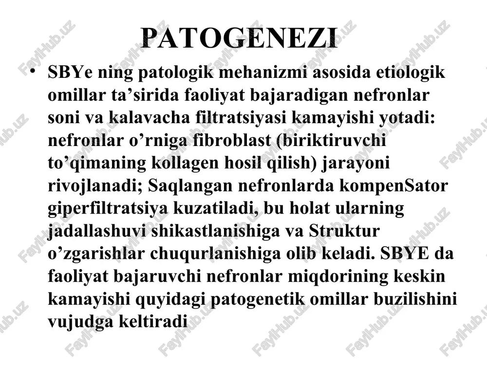 fiyalashgan, ular kuchi va tonusi pasaygan. oriqlash, ehtimol haqiqiy kaheksiya harakterli me’da-ichak sindromi sbye ga harakterli bo’lib, intoktsikatsiya va hazm a’zolar shikastlanishi natijasida sodir bo’ladi. me’da-ichak sindromi belgilari quyidagilardan iborat: og’iz qurishi va tahiri, og’izda metal ta’mli nohush sezgi, ishtaha yo’qolishi, ko’ngil aynishi va qusish (ovqat iste'moliga bog’liq bo’lmagan), ovqatlangandan so’ng epigastral sohasida og’irlik va og’riq sezgisi, (“uremik gastrit”), ich kyetishi ( “uremik enterokolit”), giperatsid ( me’da shirasi kislotaligini ko’payishi) bo’lishi mumkin(buyrakda gastrin buzilishining pasayishi hisobiga ) keyinchalik odatda kamayadi. sbyening kechki bosqichlarida me’da-ichakdan qon kyetishi, stomatit, parotit, ifodalangan enterokolit, pankreatit, jigar faoliyati buzilishi bo’lishi mumkin. ba’zi bemorlarda tashnalik va og’ir hiqichoq tutishi kuzatiladi. yurak-tomir sindromi sbye bilan hastalangan bemorlarda doimiy ravishda kuzatiladi. hamma bemorlarda arterial gipertenziyasi aniqlanadi va bosh og’rig’i, yurak sohasida og’riq, ko’z nurining pasayishi yoki hatto yo’qolishi (retinopatiya rivojlanishi, ko’z tubiga qon quyilishi, shish, gohida to’r parda ko’chishi), chap qorincha gipertrofiyasi va dilyatatsiyasi aniqlanadi. sbyening terminal bosqichida …