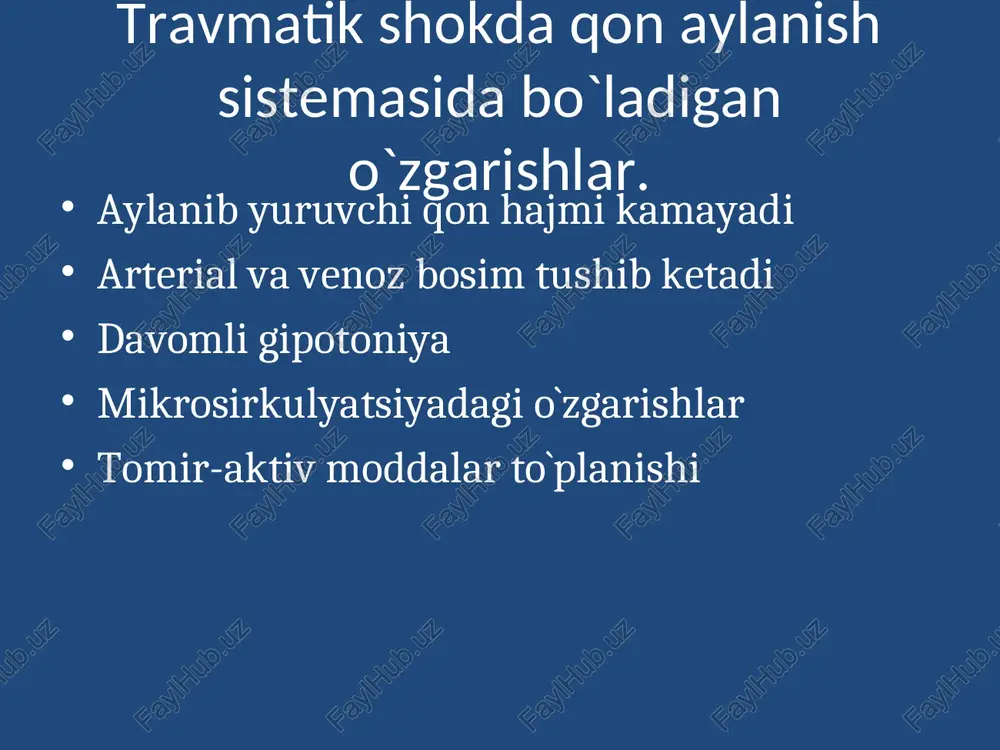 klar aniqlanadi. yorilgan po'fak o'rnida nam nekroz kuzatiladi, og'riq sezgisi pasaygan. 3 b darajali kuyish-keng gemorragik suyuqlik bilan to'lgan po'faklar kuzatiladi. po'faklar yorilgan joyda zich, quruq, qo'ng'ir rangli po'sloq kuzatiladi. bu quruq nekroz, teri tomirlari trombozi natijasidir. 4 –darajali kuyish-teridan chuqurda yotgan mushaklar va suyaklar ham nekrozga uchraydi. kuyish shoki kuyish shoki-tananing 20 % i 2- va 3 a darajada yoki 10 % i 3 b va 4-darajada kuyganda kuzatiladi. i darajali kuyish shokida bemorning holati o'rtacha bo'lib, es-xushi saqlangan, titrash, teri oqarishi, puls va arterial bosimning o'zgarishi, keksalarda qo'zg'alish, bolalarda apatiya, tormozlanish kuzatiladi. ii darajada bemorning ahvoli og'ir, es-xushi saqlangan, harakat qo'zg'alishi tormozlanishga o'tadi, chanqoqlik, ko'ngil aynish, qusish, teri qurishi, oqarishi, puls tezlashishi, arterial bosim pasayishi, nafas olishning yuzakilashishi, tezlashishi kuzatiladi. iii darajada bemorning ahvoli nihoyatda og'ir bo'lib, es-xushi xiralashadi, es-xushi xiralashadi, chanqoqlik, kofe quyqasi kabi qusish, teri oqarishi, puls ipsimon bo'lishi, arterial bosim va tana harorati pasayishi kuzatiladi …