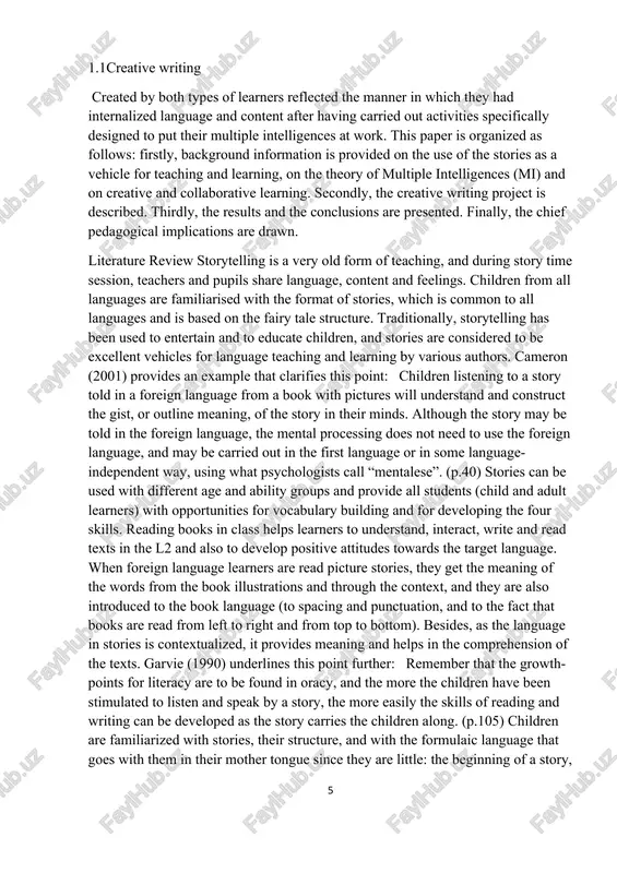 nconscious language learning meaningful. when teachers use stories in their classrooms, they are offering their students multiple opportunities to learn contents and ways of being, and to improve the mastery of communication skills (listening, speaking, reading and writing). table 1 shows how literacy and oracy are interlinked and how teachers can help pupils learn to listen, to write, to read and to speak by planning story creative writing as a stimulating project. as mason and krashen (2004) state, stories offer learners multi-sensory experiences and opportunities for holistic learning, through which many different learning styles can be catered to: “it is our sense of enjoyment, excitement, and emotional involvement that is a necessary condition for learning, and using literature in the classroom can provide the content base for the magic”. 2.1 creative writing skills in methodology the teaching techniques presented in this paper were developed within this pedagogical framework and were …