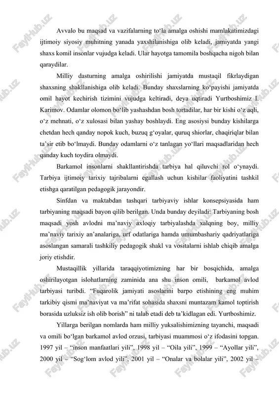 slangan samarali tashkiliy pedagogik shakl va vositalarni ishlab chiqib amalga joriy etishdir. mustaqillik yillarida taraqqiyotimizning har bir bosqichida, amalga oshirilayotgan islohatlarning zaminida ana shu inson omili, barkamol avlod tarbiyasi turibdi. “fuqarolik jamiyati asoslarini barpo etishining eng muhim tarkibiy qismi ma’naviyat va ma’rifat sohasida shaxsni muntazam kamol toptirish borasida uzluksiz ish olib borish” ni talab etadi deb ta’kidlagan edi. yurtboshimiz. yillarga berilgan nomlarda ham milliy yuksalishimizning tayanchi, maqsadi va omili bo‘lgan barkamol avlod orzusi, tarbiyasi muammosi o‘z ifodasini topgan. 1997 yil – “inson manfaatlari yili”, 1998 yil – “oila yili”, 1999 – “ayollar yili”, 2000 yil – “sog‘lom avlod yili”, 2001 yil – “onalar va bolalar yili”, 2002 yil – “qadriyatlarni qadrlash yili”, 2003 yil – “obod maxalla yili”, 2004 yil – “mehr-muruvvat yili”, 2005 yili – “sihat-salomatlik yili”, 2006 yil – “homiylar va shifokorlar yili”, 2008 yil – “yoshlar yili”. ijtimoiy pedagogika fani bundan 200 ming yil oldin ham mavjud …