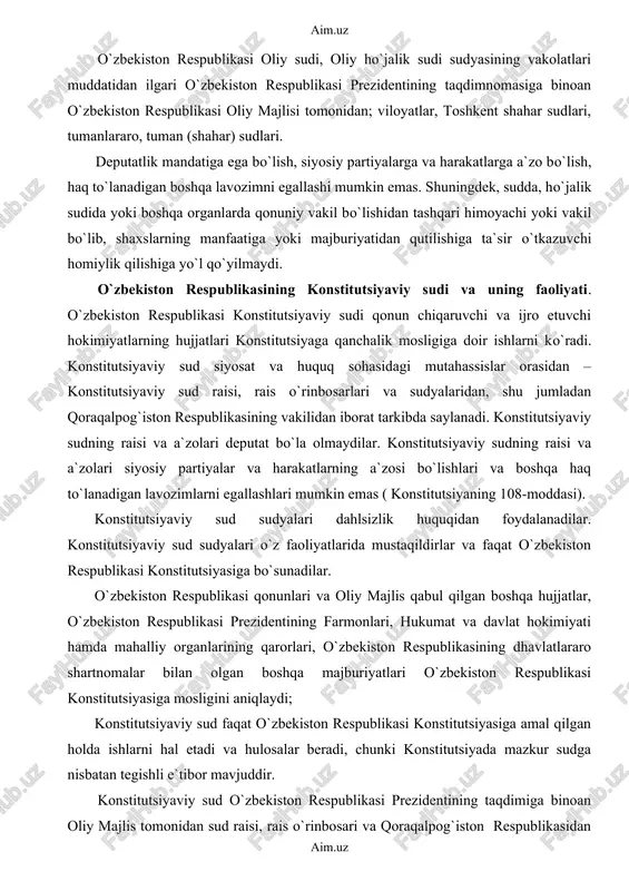 a tortish faqat qonun bilan belgilab qo`yilgan tartibda amalga oshiriladi. sudyaga nisbatan jinoyat ishi faqat o`zbekiston respublikasi bosh prokurori tomonidan qo`zgatilishi mumkin. shuningdek, sudya o`zbekiston respublikasi oliy sudi plenumining yoki o`zbekiston respublikasi oliy ho`jalik sudi plenumining roziligisiz jinoiy javobgarlikka tortilishi, hibsga olinishi mumkin emas. sudyalar dahlsizligining barcha kafolatlari sudda o`z vazifalarini bajarayotgan xalq maslahatchilariga ham tatbiq etiladi. sudyalar vakolati, qonunda belgilanishicha, vakolat mudadti tugagunga qadar tugatilmaydi. sudya vakolatini muddatidan ilgari tugatishga faqat qonuniy asoslar mavjud bo`lgan quyidagi hollardagina yo`l qo`yiladi: sudyaning qasamyodini bo`zgan taqdirda; yozma ariza bergan taqdirda; sudyalarning tegishli malaka hay`ati tomonidan ogohlantirish qilinganidan yoki vakolatlari to`htatilganidan keyin u sudya lavozimiga zid faoliyat bilan shug`ullanishini davom ettiravergan takdirda; sud qarori bilan muomalaga layoqatsiz deb topilgan taqdirda; o`zbekiston respublikasi fuqaroligini yo`qotgan takdirda; unga nisbatan sudning ayblov hukmi qonuniy kuchga kirgan taqdirda; sudning qarori bilan vafot etgan deb e`lon qilingan taqdirda; sog`liqi holatiga yoki boshqa uzrli sabablarga ko`ra uzoq vaqt mobaynida …